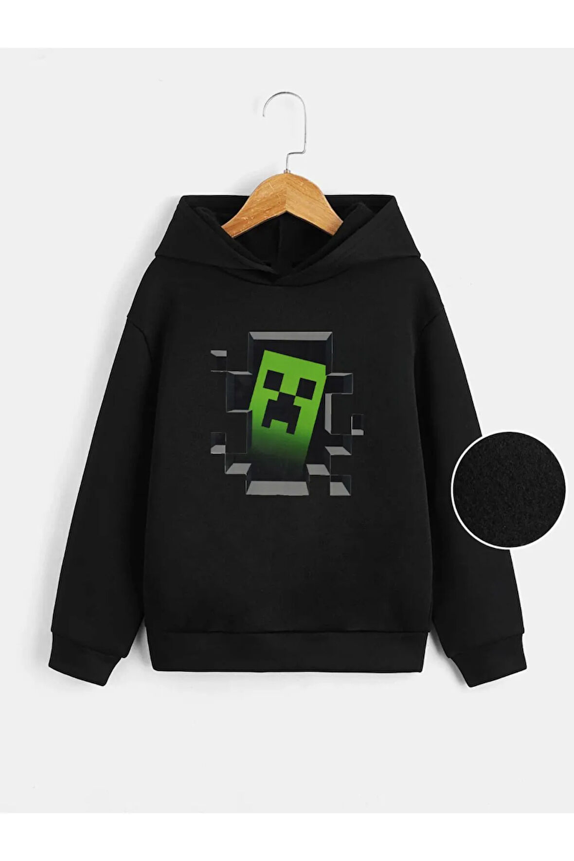 Pamuklu Minecraft Baskılı Erkek Çocuk Kapüşonlu Sweatshirt İki İplik Şardonlu
