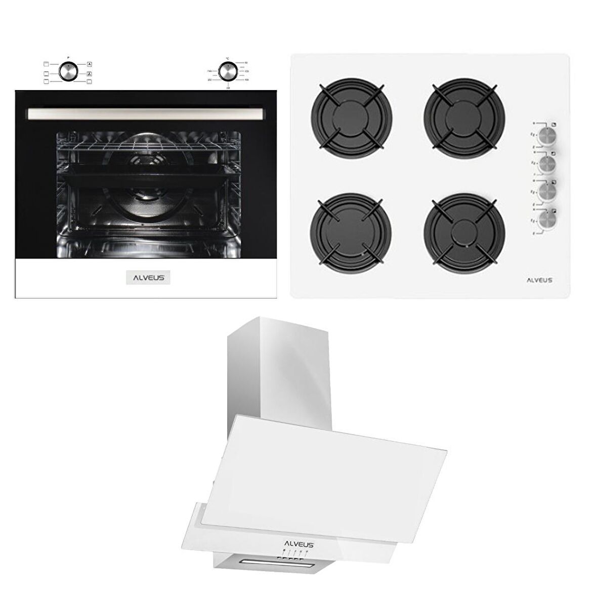 Alveus Beyaz Ankastre Set ( MFA 604 M Fırın - GLS 640 BL Ocak - F17/60 Davlumbaz )