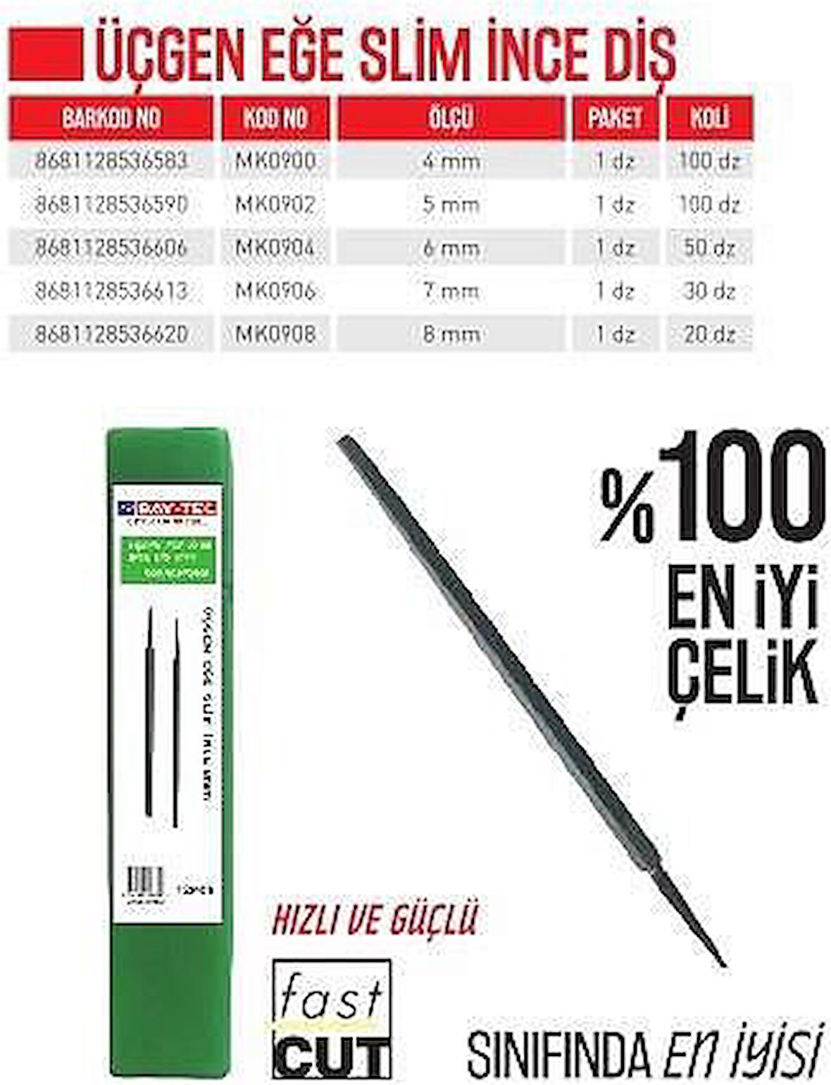 BAY-TEC MK0906 ÜÇGEN EĞE SLİM İNCE 7 mm ( 1 ADET FİYATIDIR )