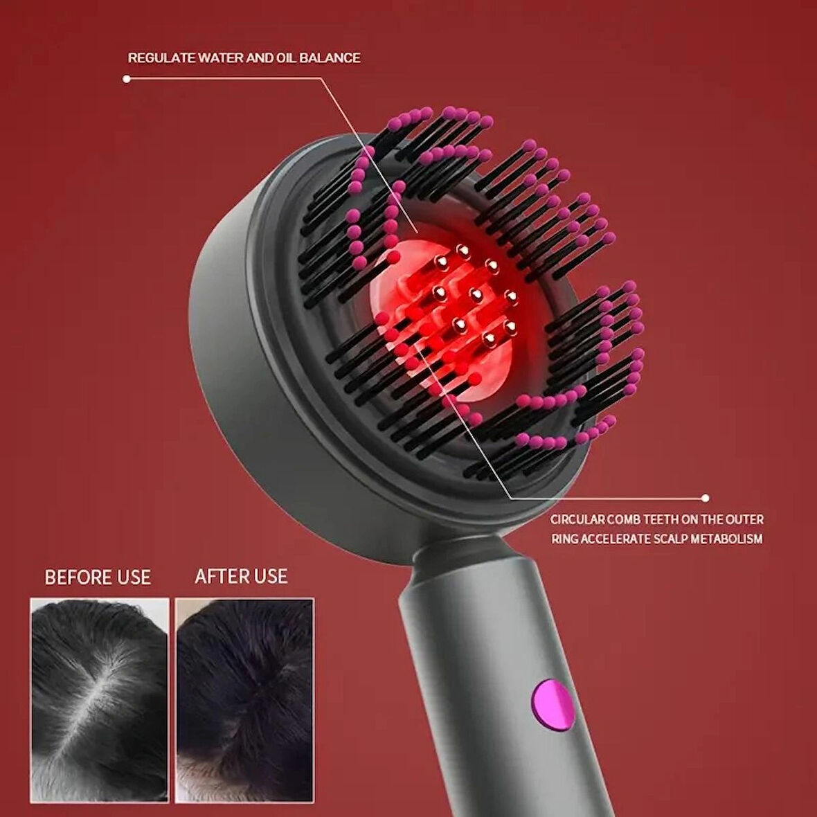Kırmızı Şarjlı Saç Masaj Tarağı – Titreşimli, Su Geçirmez, Saç Dökülmesine Karşı Masaj Fırçası