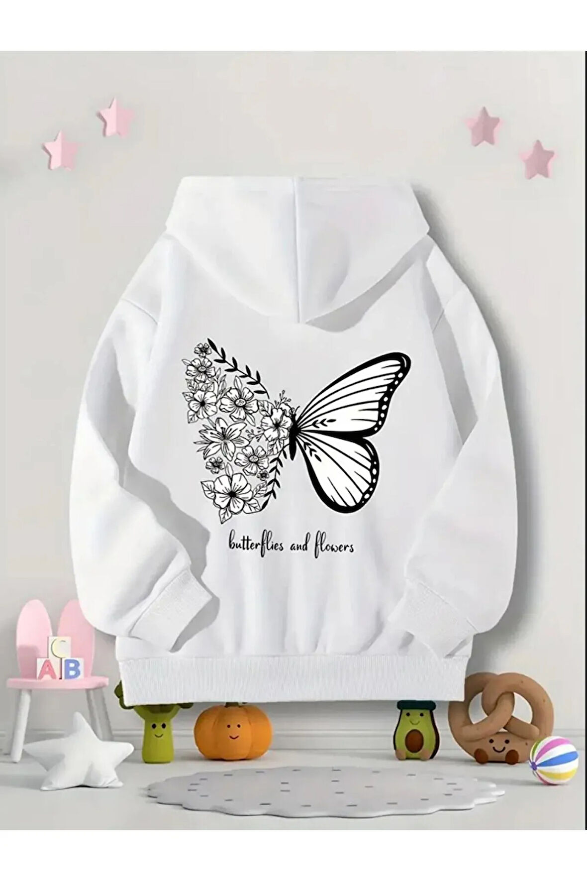 Kız/Erkek Çocuk Siyah Kapüşonlu Çiçekli Kelebek Sırt Baskılı Sweatshirt