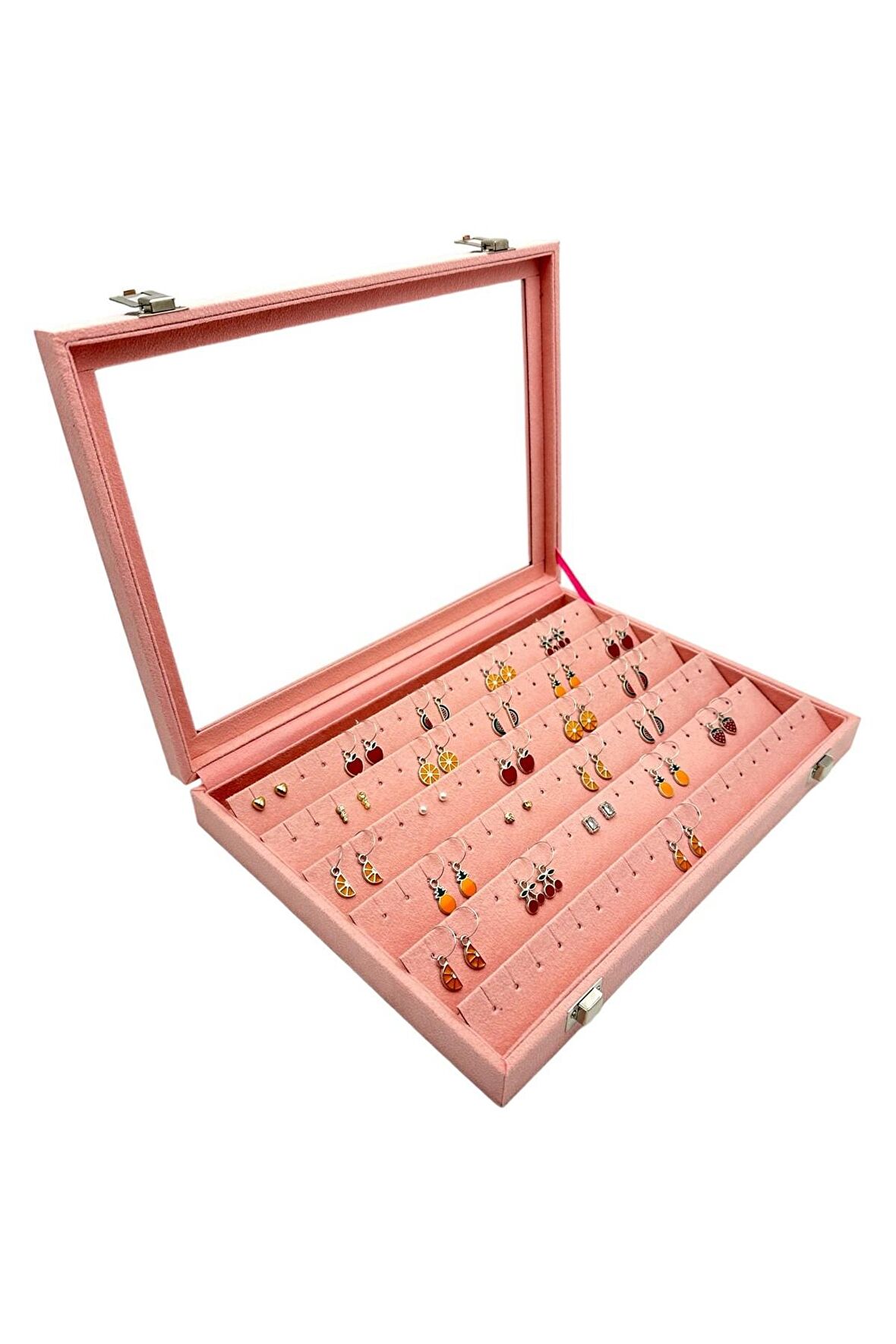 Camlı Küpe Koleksiyon Kutusu Süet Pembe