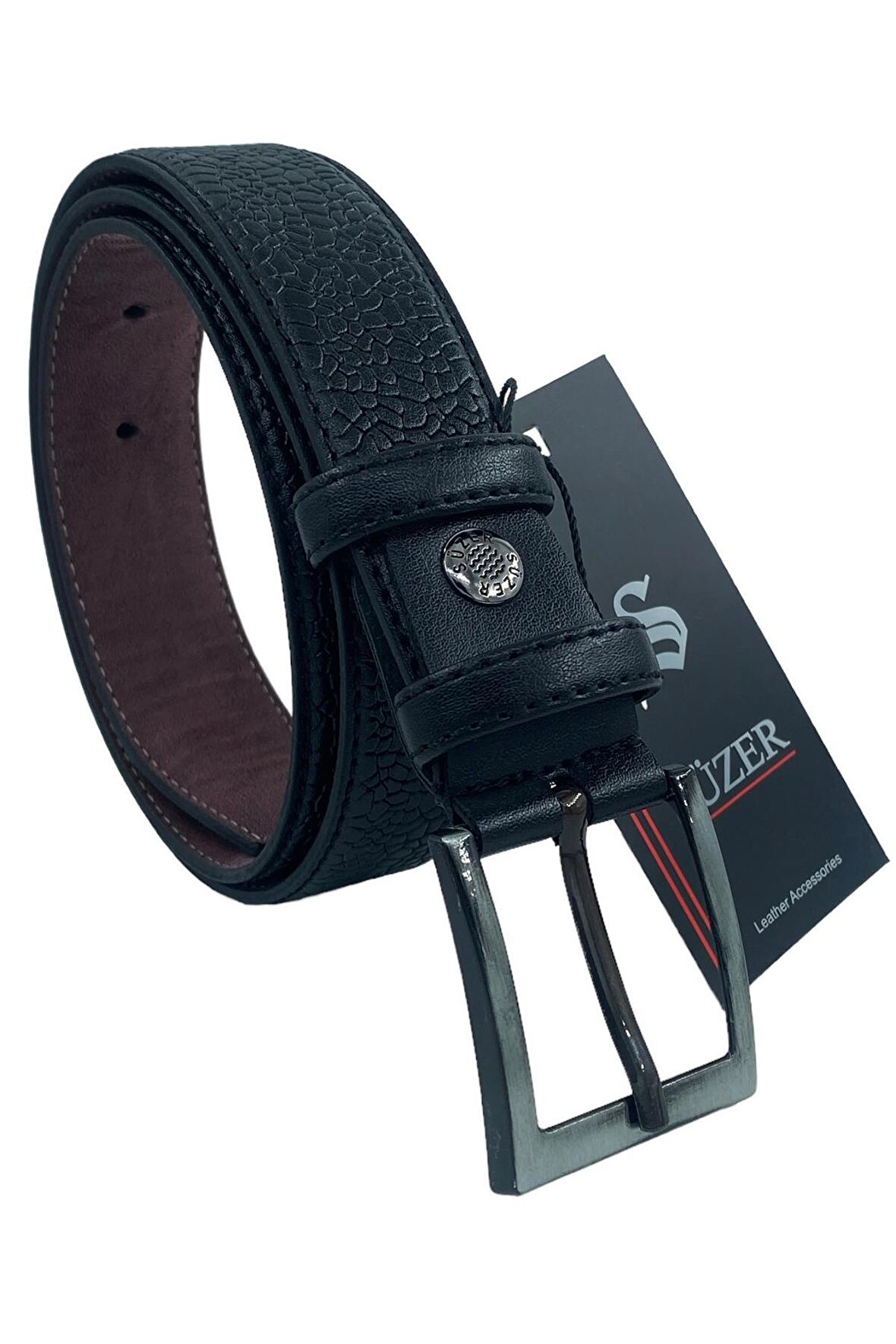 Siyah Çocuk Boy Suni Deri Damar Desenli Model 3 cm.lik Klasik Kemer - G63-23TM