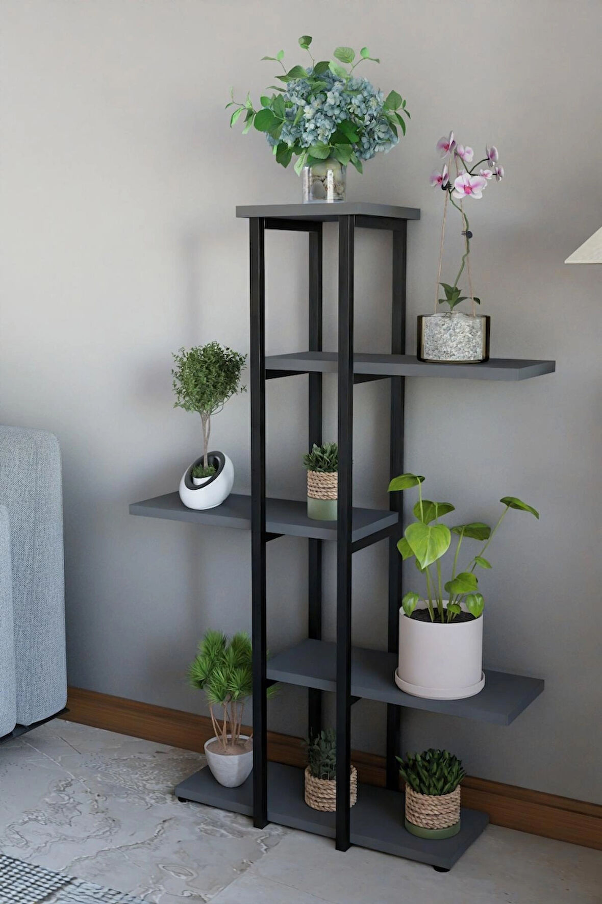 Dekoratif 5 Raflı Metal Çiçeklik, Modern Çok Katlı Saksılık, Bitki Standı, Salon Balkon Saksı Standı