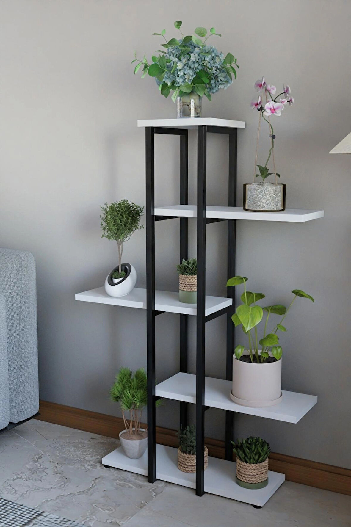 Dekoratif 5 Raflı Metal Çiçeklik, Modern Çok Katlı Saksılık, Bitki Standı, Salon Balkon Saksı Standı