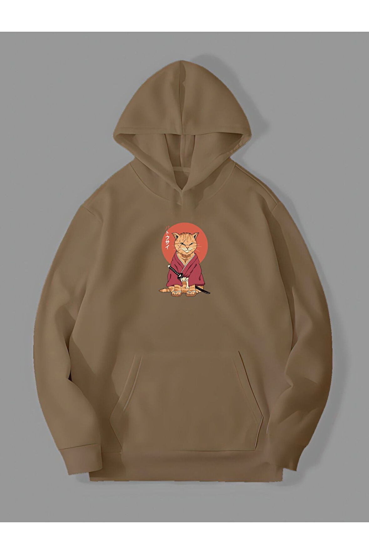 3 İplik Samuray Kedi Baskılı Kemik Kanguru Cepli Kapüşonlu Sweatshirt Hoodie | XL
