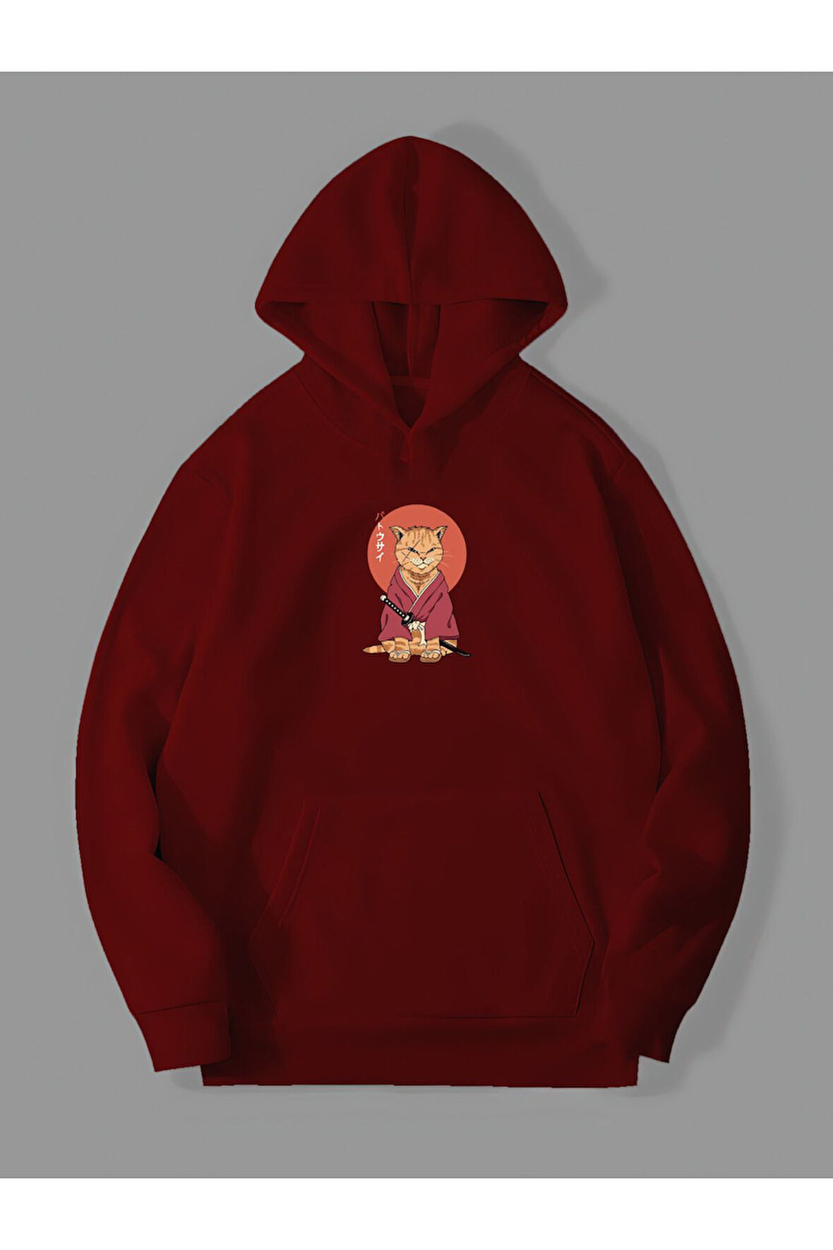 Üç İplik Samuray Kedi Baskılı Unisex Kırmızı Kanguru Cepli Kapüşonlu Sweatshirt Hoodie | XL
