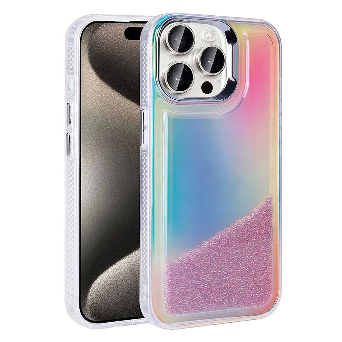 Apple iPhone 15 Pro Max Uyumlu Kılıf Airbagli Renkli Arka Yüzey Boncuk Tasarımlı Kumul Kapak