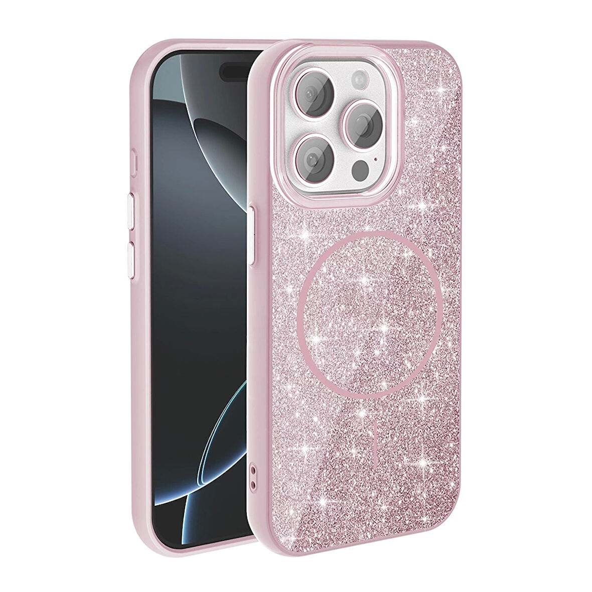 Apple iPhone 15 Pro Kılıf Magsafe Şarj Özellikli Parlayan Simli Okso Kapak