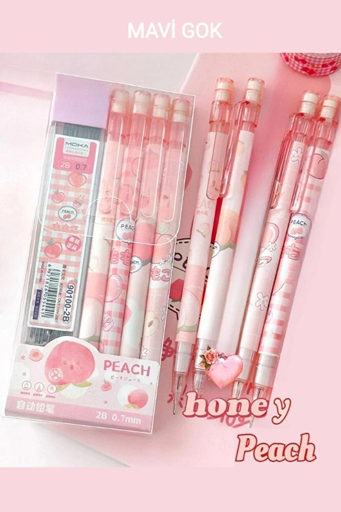 Kawai Şeftali Uçlu kalem 2B 0,7mm (4 adet uçlu kalem + 1 kutu uç)