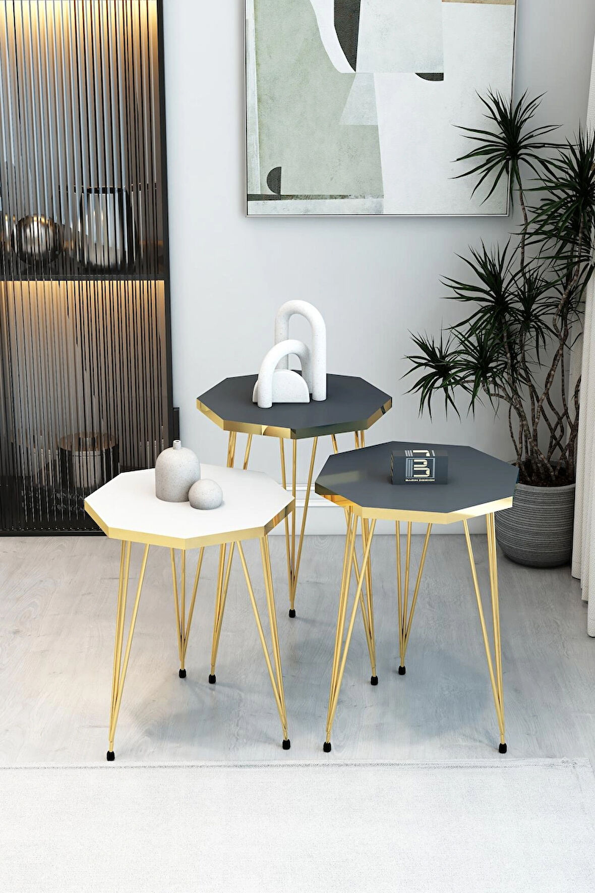 3'lü Sekizgen Zigon Sehpa Seti - Gold Metal Ayaklı, Modern & Şık Yan Sehpa, Dayanıklı Salon Ofis