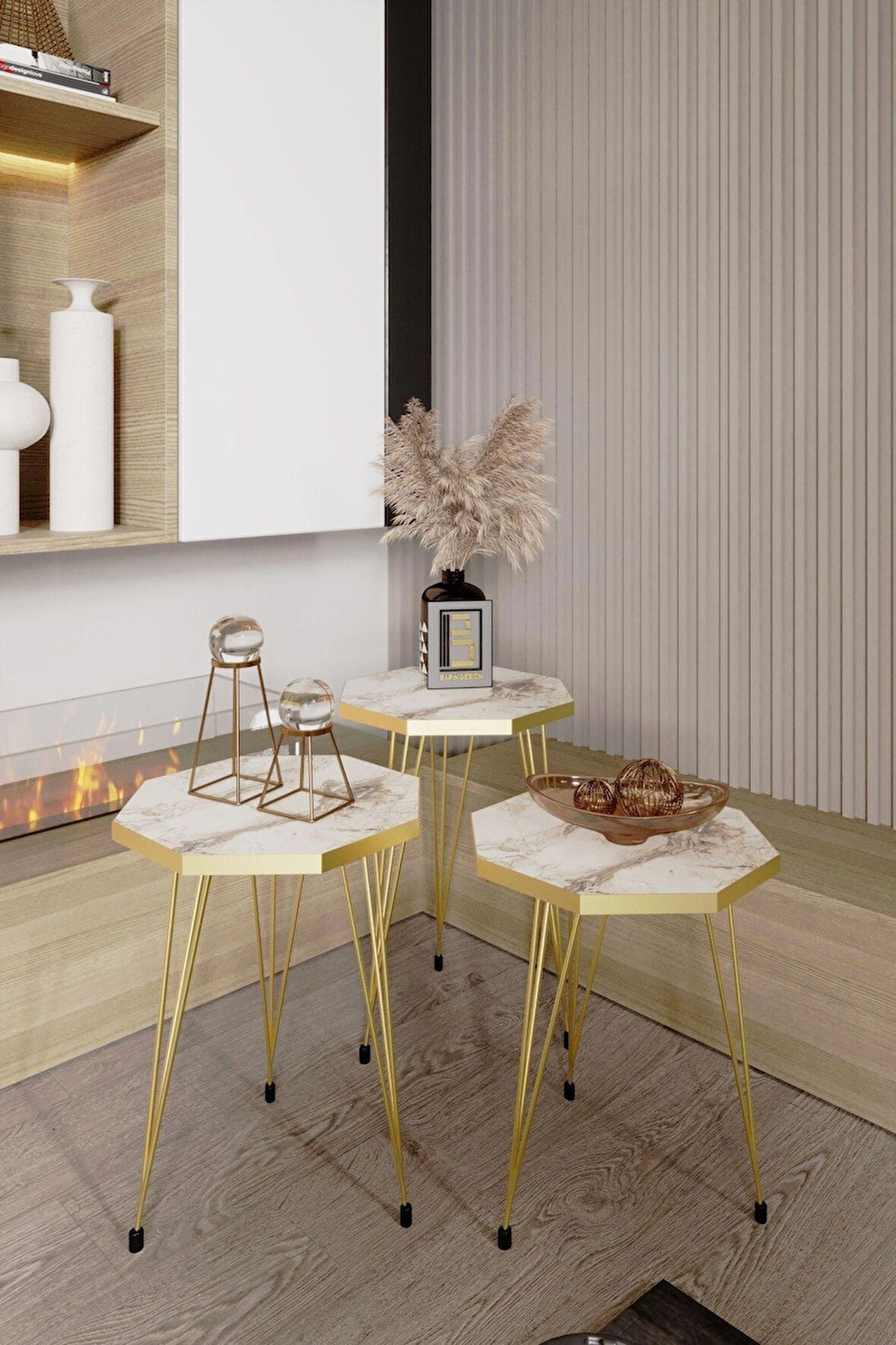 3'lü Sekizgen Zigon Sehpa Seti - Gold Metal Ayaklı, Modern & Şık Yan Sehpa, Dayanıklı Salon Ofis
