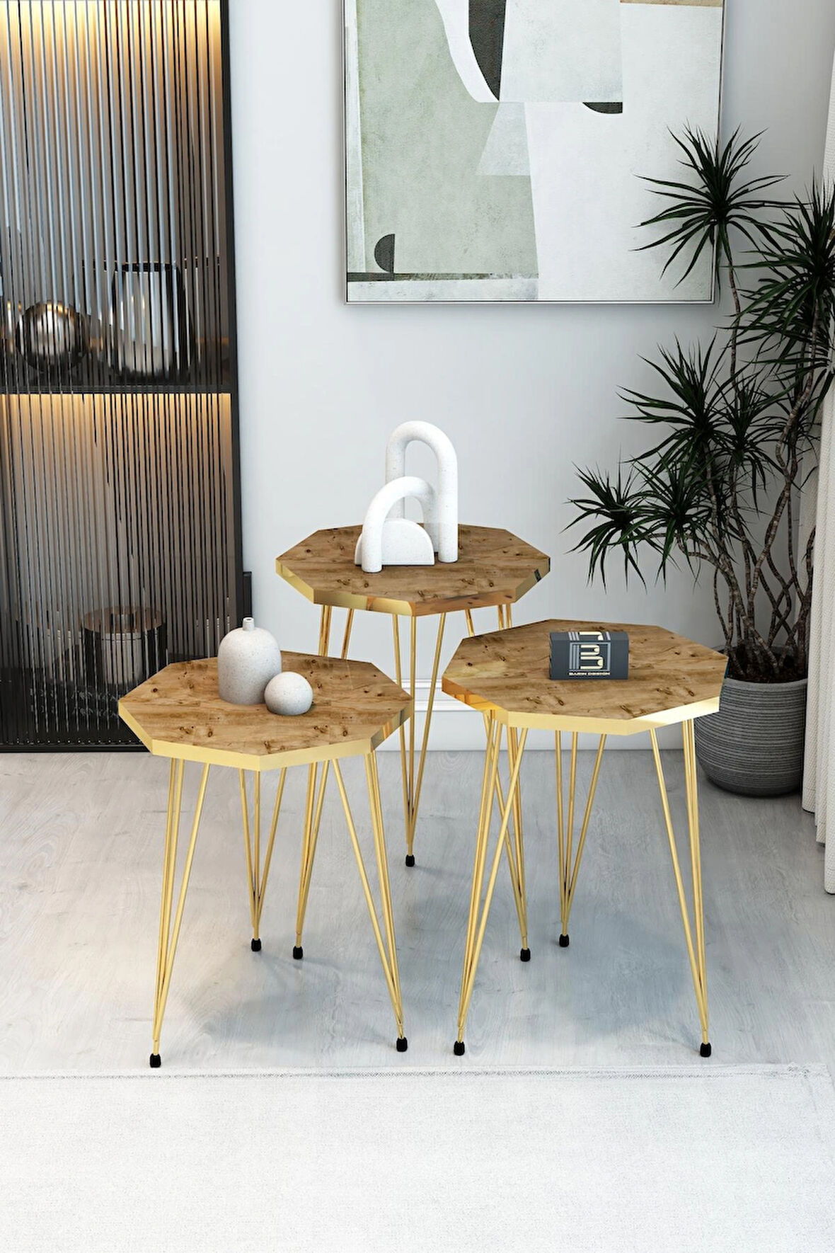 3'lü Sekizgen Zigon Sehpa Seti - Gold Metal Ayaklı, Modern & Şık Yan Sehpa, Dayanıklı Salon Ofis