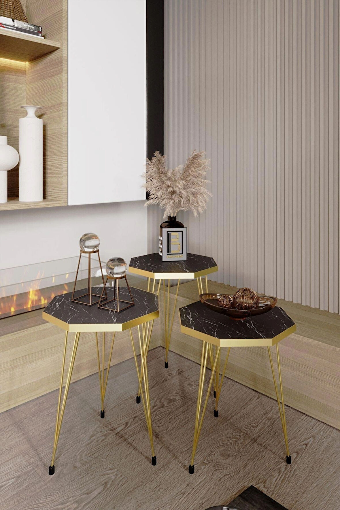 3'lü Sekizgen Zigon Sehpa Seti - Gold Metal Ayaklı, Modern & Şık Yan Sehpa, Dayanıklı Salon Ofis