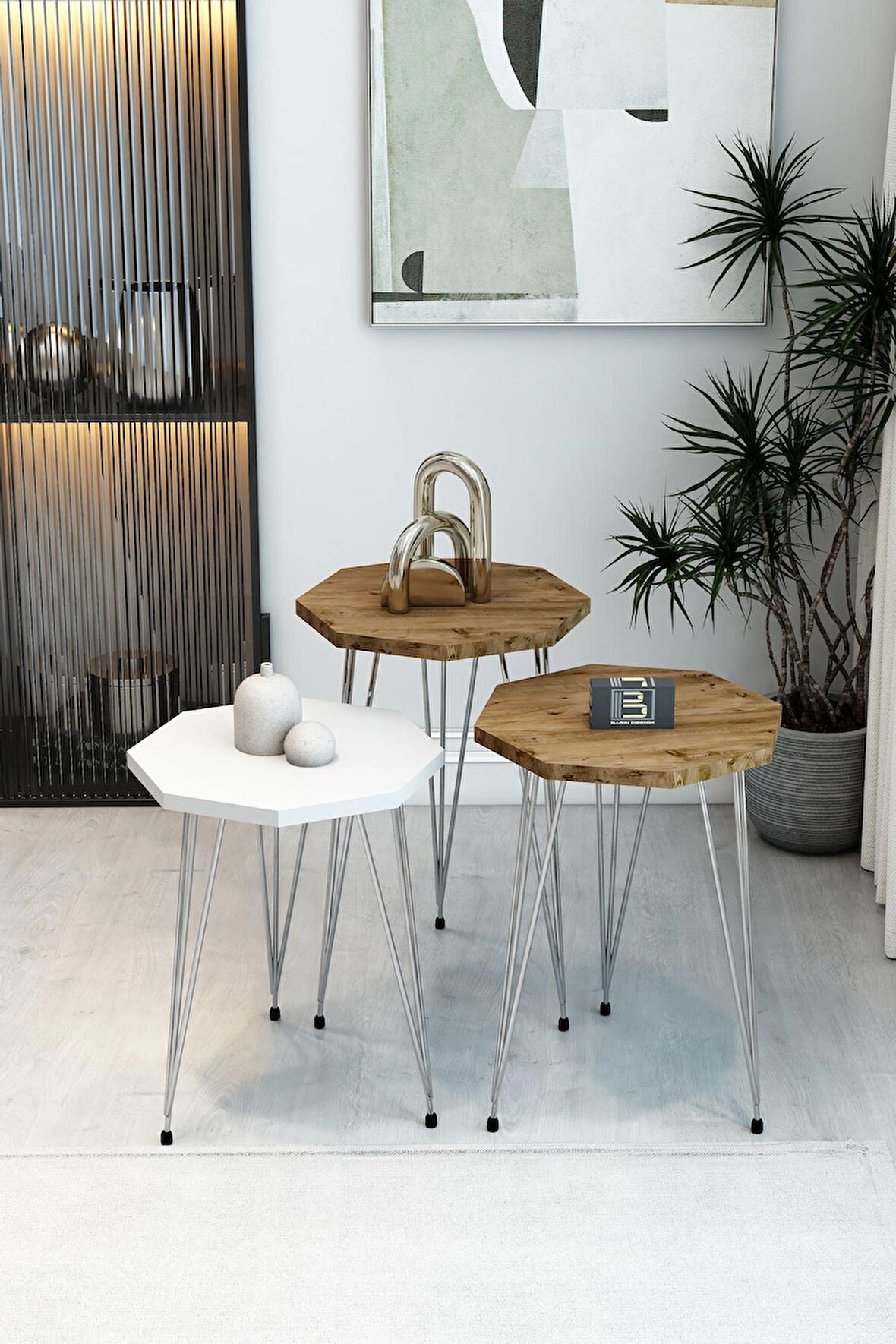 3'lü Sekizgen Zigon Sehpa Seti - Gümüş Metal Ayaklı, Modern & Şık Yan Sehpa, Dayanıklı Salon Ofis