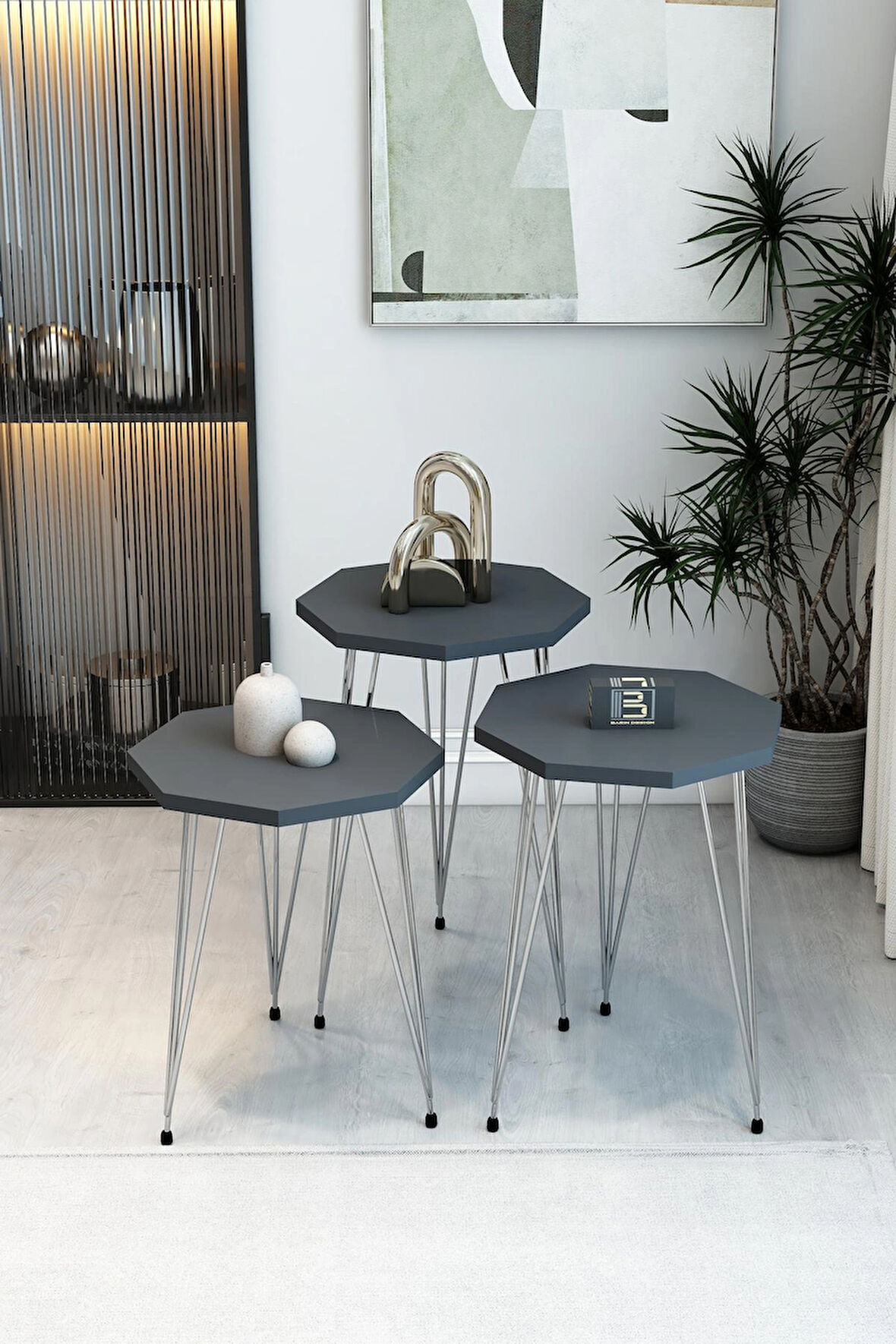 3'lü Sekizgen Zigon Sehpa Seti - Gümüş Metal Ayaklı, Modern & Şık Yan Sehpa, Dayanıklı Salon Ofis