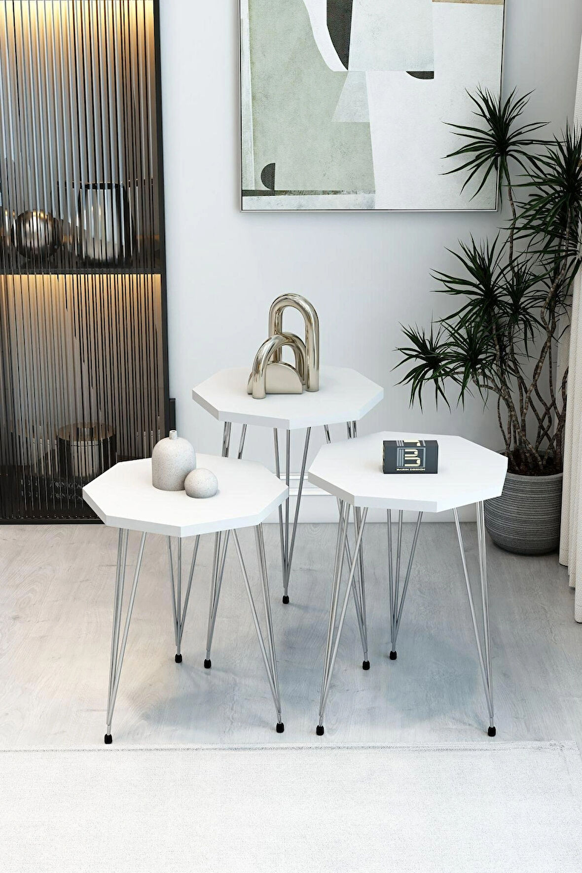 3'lü Sekizgen Zigon Sehpa Seti - Gümüş Metal Ayaklı, Modern & Şık Yan Sehpa, Dayanıklı Salon Ofis