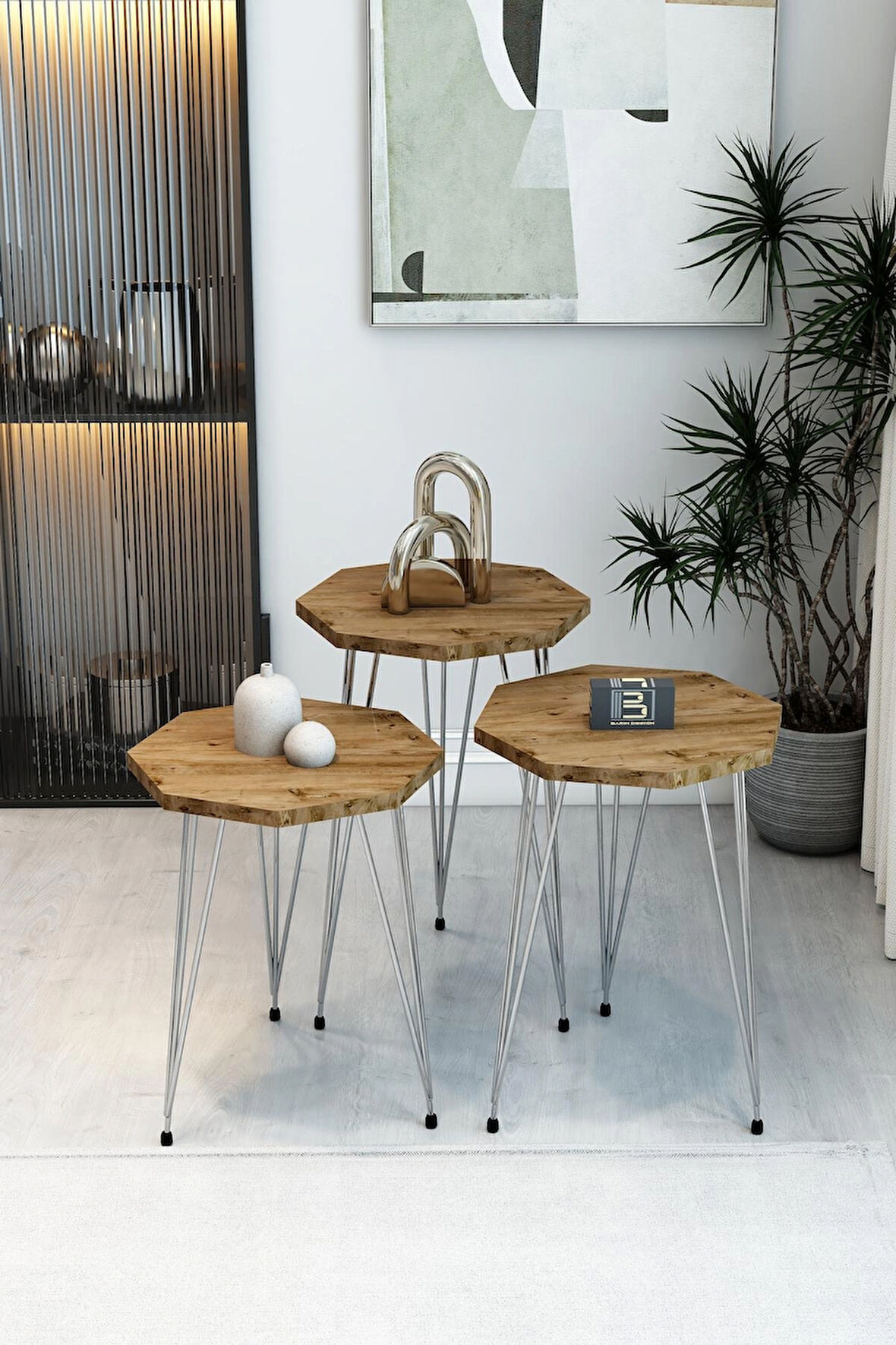 3'lü Sekizgen Zigon Sehpa Seti - Gümüş Metal Ayaklı, Modern & Şık Yan Sehpa, Dayanıklı Salon Ofis