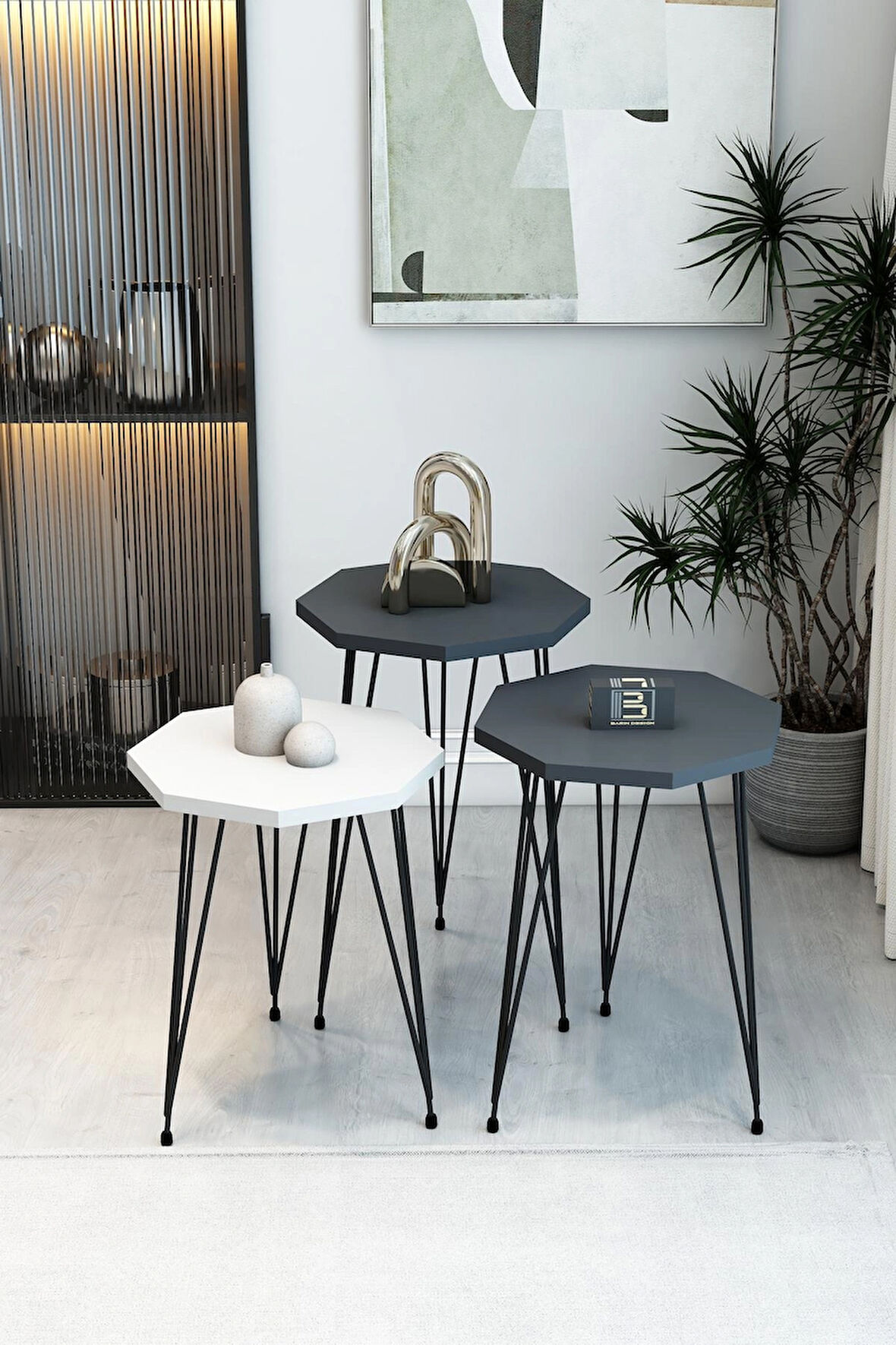  3'lü Sekizgen Zigon Sehpa Seti - Siyah Metal Ayaklı, Modern & Şık Yan Sehpa, Dayanıklı Salon Ofis