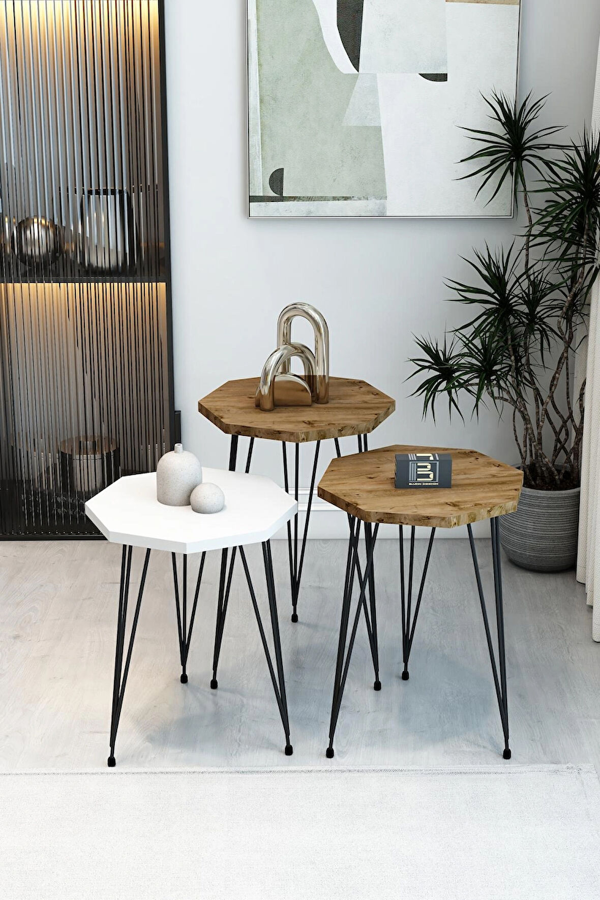  3'lü Sekizgen Zigon Sehpa Seti - Siyah Metal Ayaklı, Modern & Şık Yan Sehpa, Dayanıklı Salon Ofis