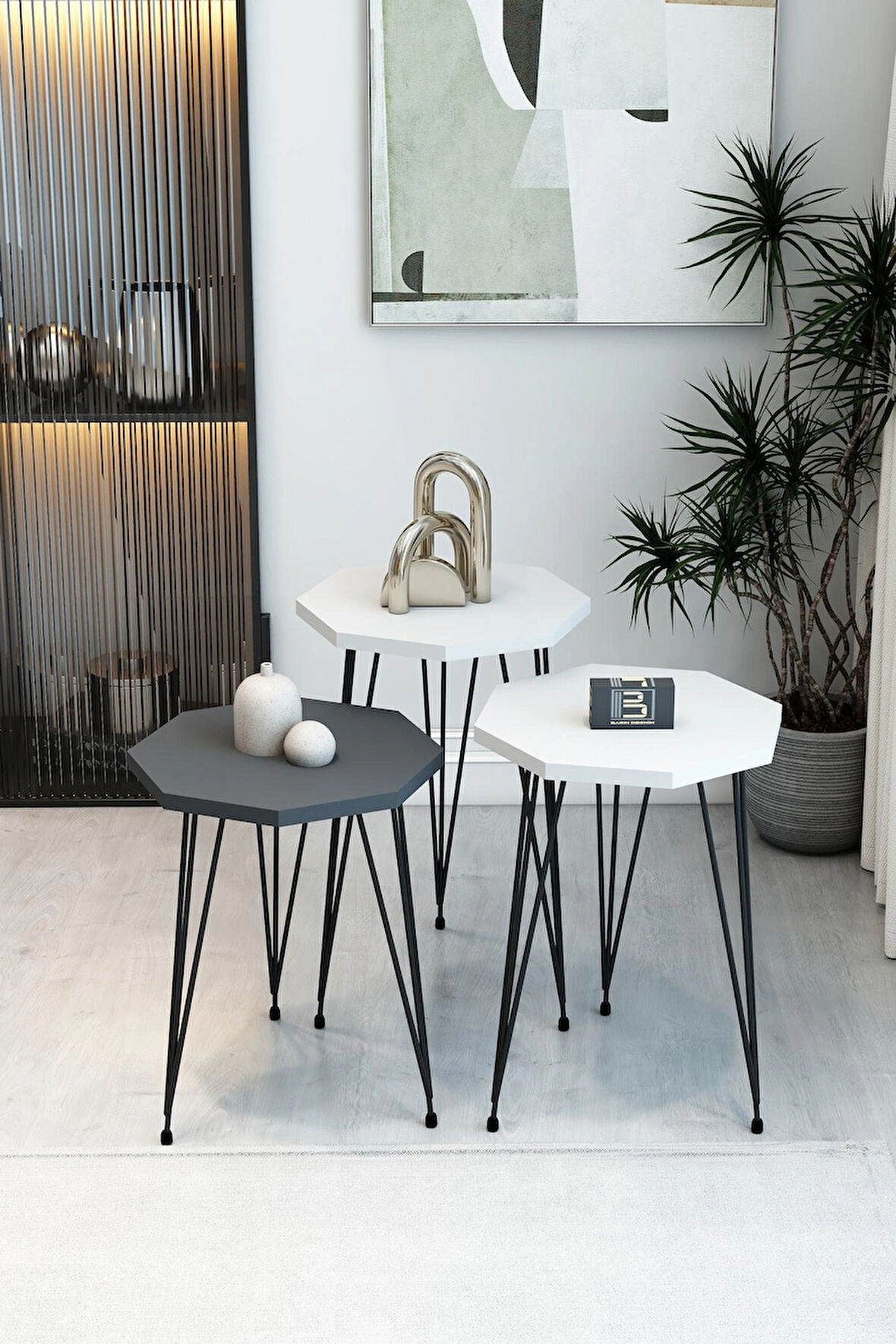  3'lü Sekizgen Zigon Sehpa Seti - Siyah Metal Ayaklı, Modern & Şık Yan Sehpa, Dayanıklı Salon Ofis