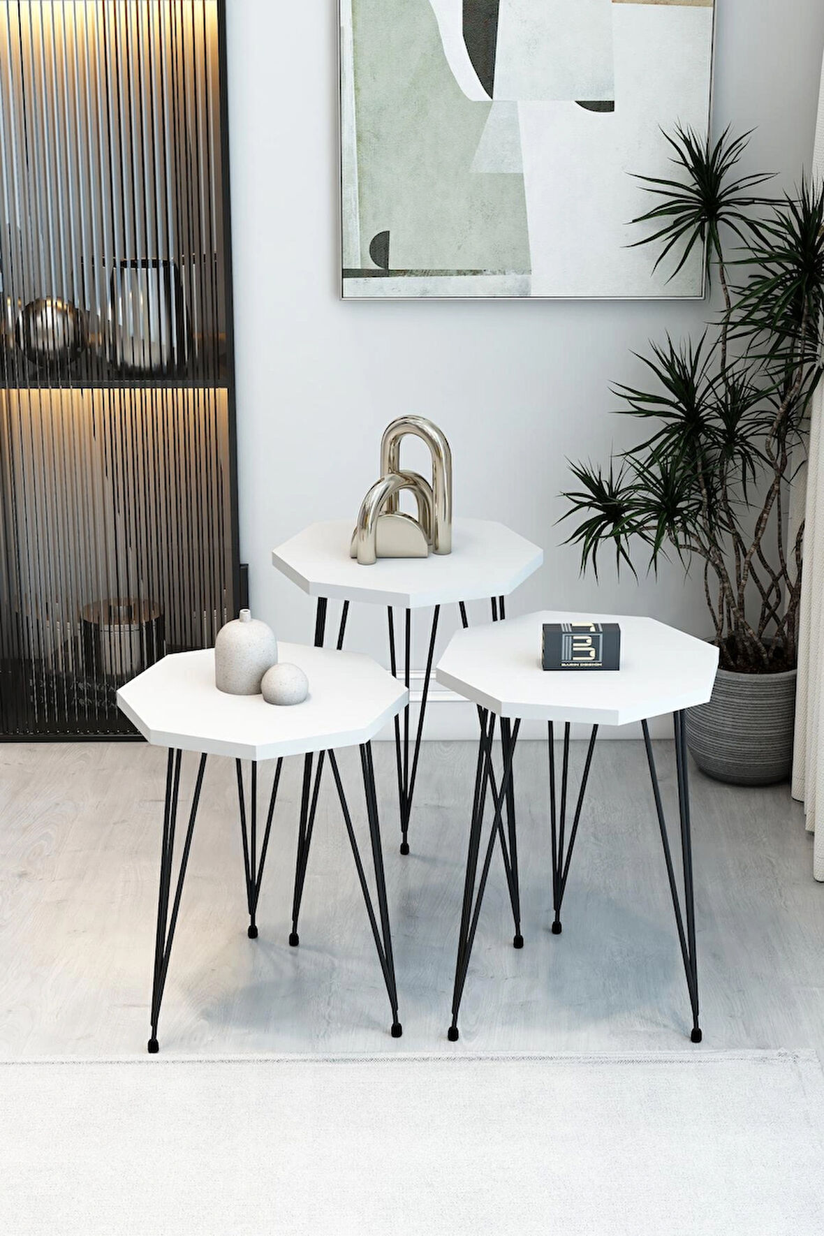  3'lü Sekizgen Zigon Sehpa Seti - Siyah Metal Ayaklı, Modern & Şık Yan Sehpa, Dayanıklı Salon Ofis