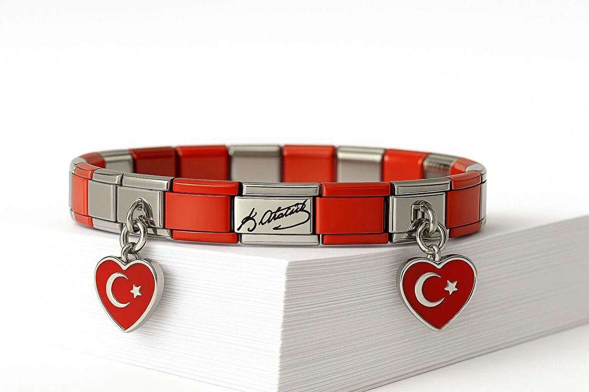 Kemal Atatürk+Kalp Bayrak Charm Ekli Bileklik Nomi Bileklik Çelik