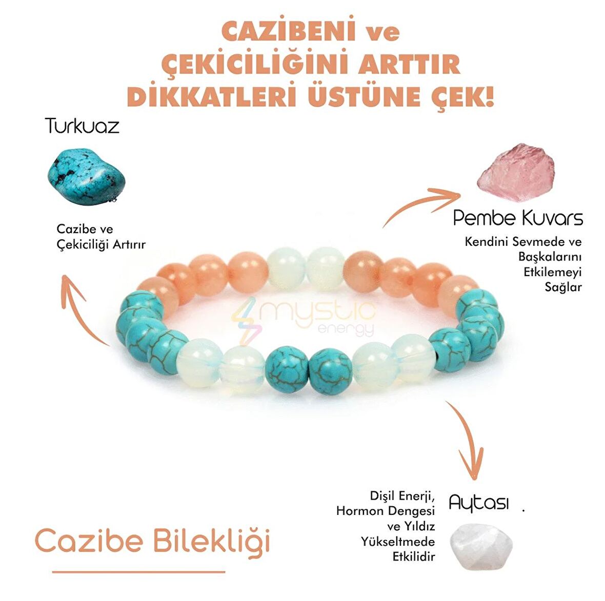 Sertifikalı Cazibe Doğal Taş Bilekliği |pembe Kuvars-turkuaz-ay Taşı-aytaşı |hediyelik Doğaltaş