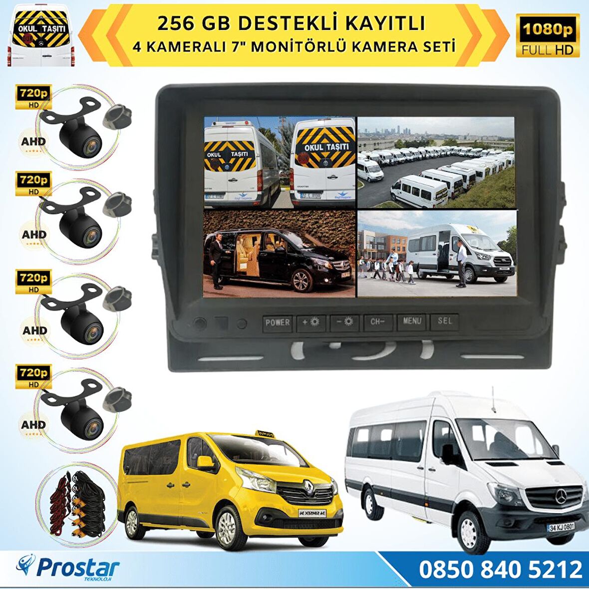 Kayıtlı AHD Okul Servisler için 4 Kameralı 7 inç Monitörlü 720P Araç Kamera Seti