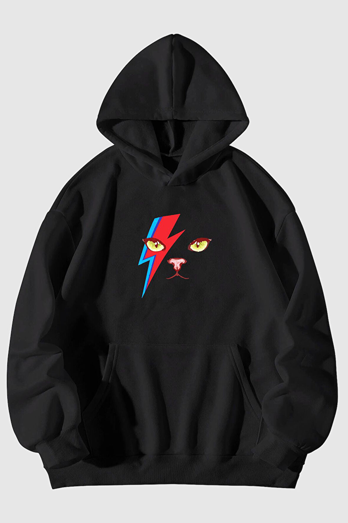 Şimşek Kedi Baskılı Unisex  Kanguru Cepli Kapüşonlu Sweatshirt Hoodie | M