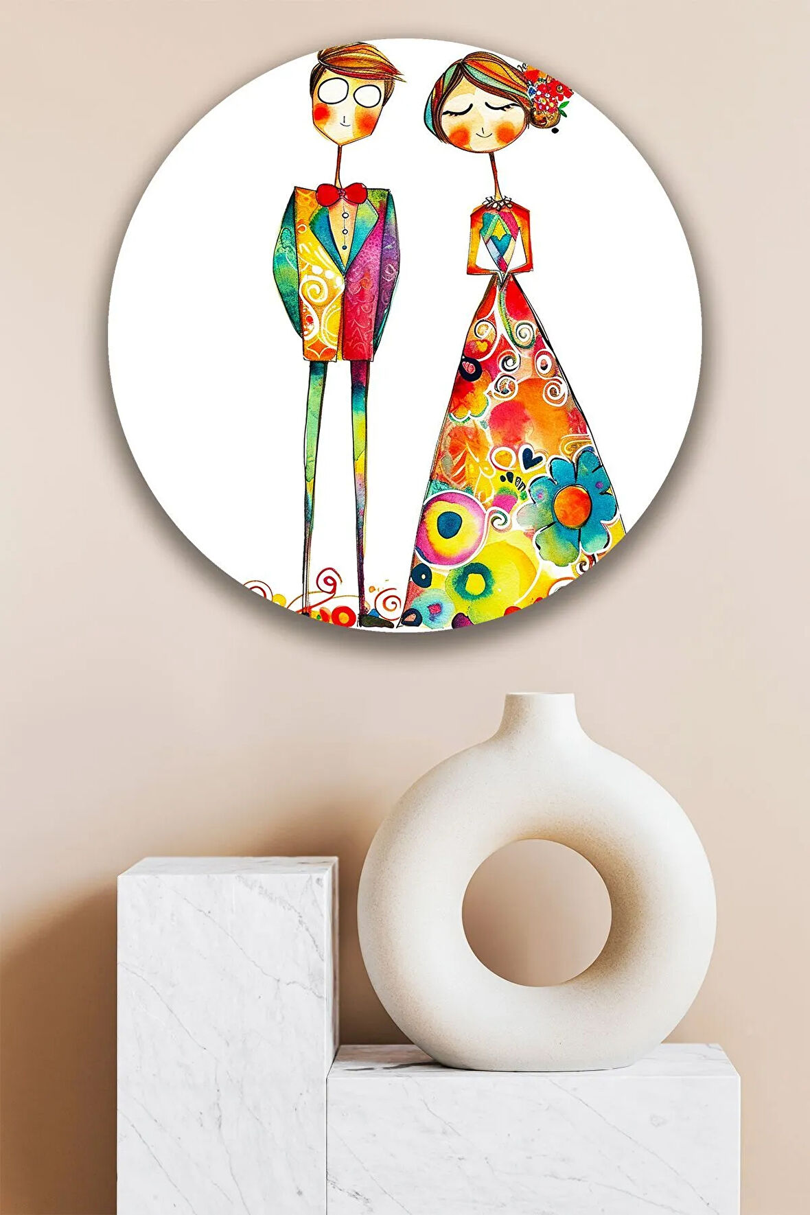 Romantik illüstrasyon Sevgililer Yuvarlak Ahşap Tablo, Modern Duvar Süsü, Eşler için Hediye