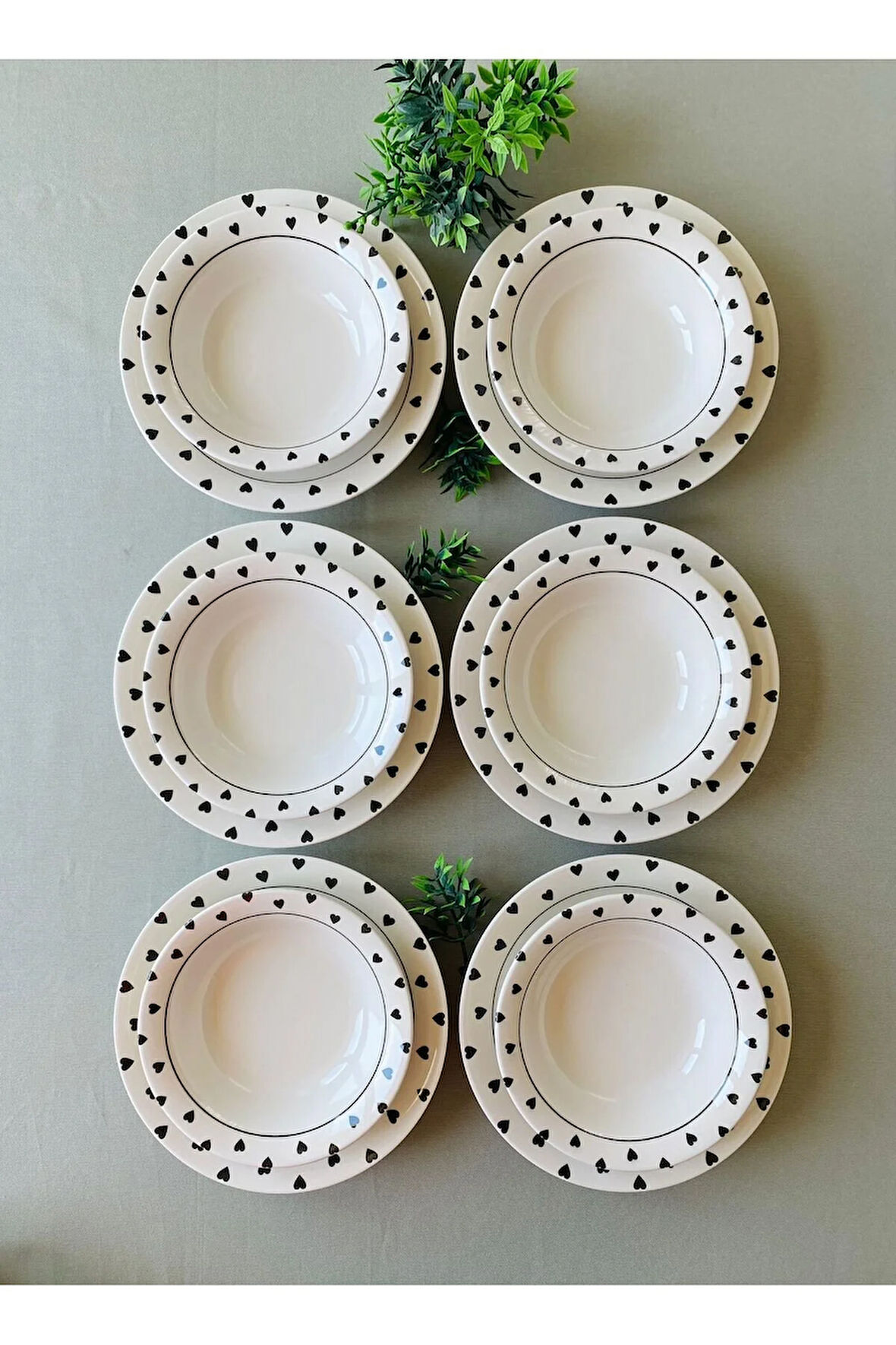 Siyah Kalp Model 12 Parça Modern Yemek Takımı (6 Çorba + 6 Yemek Tabağı)