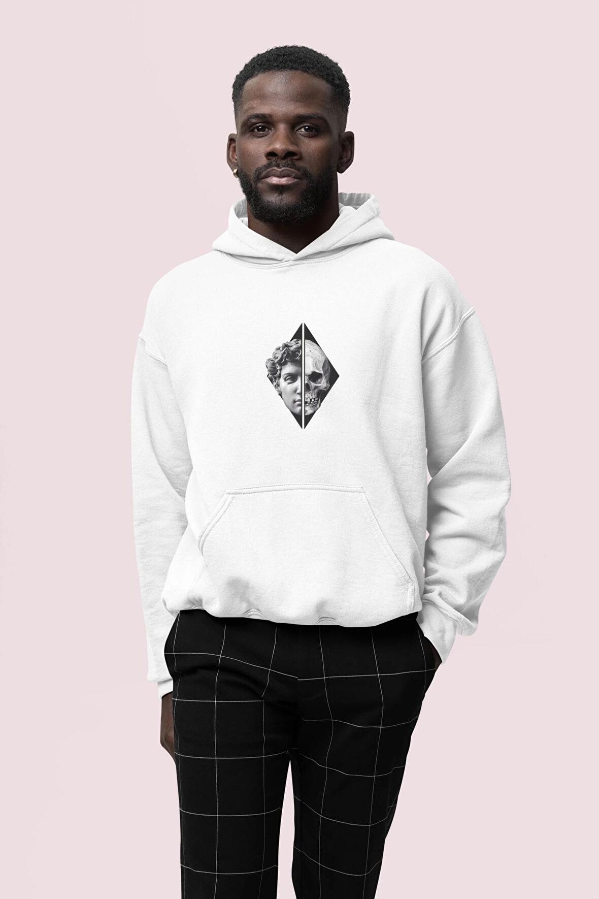 Skull Baskılı Beyaz Erkek Kapüşonlu 3 iplik Şardonlu Ribanalı Sweatshirt Hoodie