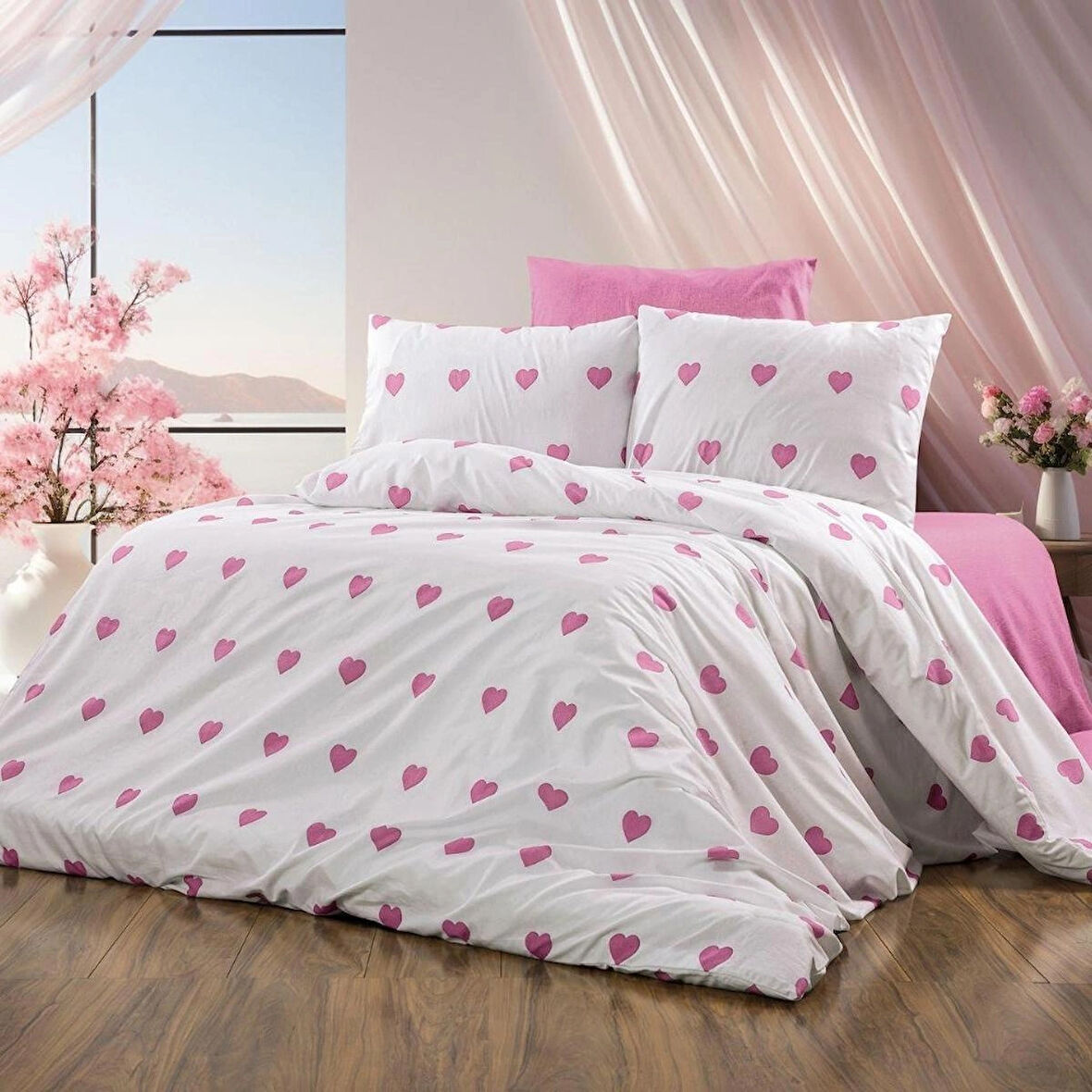 Home Concept Pamuklu Çift Kişilik Nevresim Takımı Kalpli Pembe