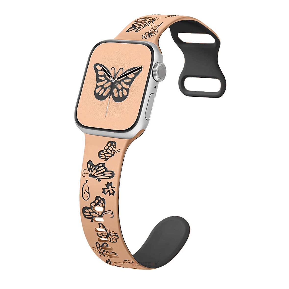 Apple Watch Uyumlu 44 45 46mm Kelebek Desenli Yumuşak Silikon Kordon Seri 2 3 4 5 6 Se 7 8 9 10 