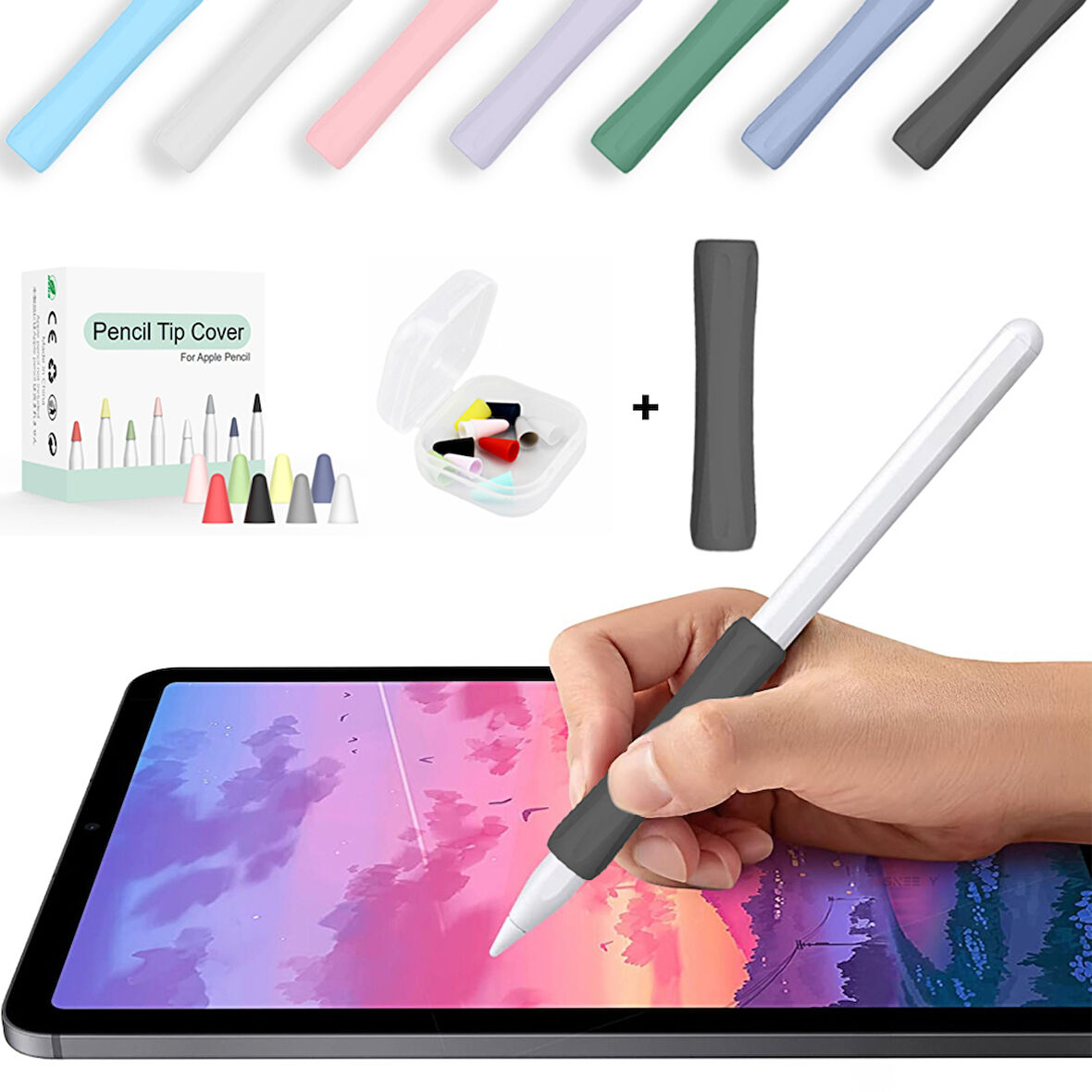 Apple Pencil 1-2 Nesil Pro USB-C Uyumlu Soft Yumuşak Silikon Kalem Tutucu ve 8'li Kalem Ucu Koruyucu