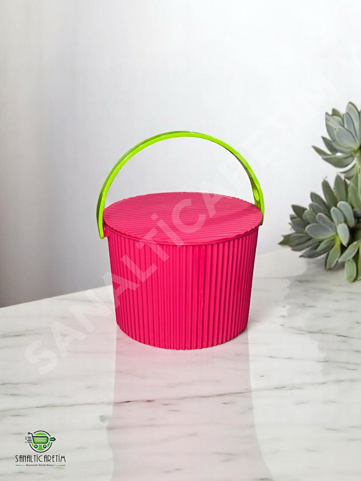 Rainbow Pembe Yuvarlak Kova Piknik Sepeti Meyve Kovası