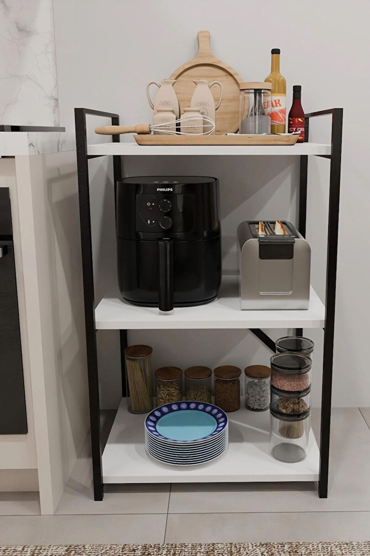 Steel Design 3 Katlı Metal Ahşap Mutfak Rafı ,Çok Amaçlı Mutfak Organizer Raf Ünitesi ,Kahve Köşesi Mutfak Dolabı