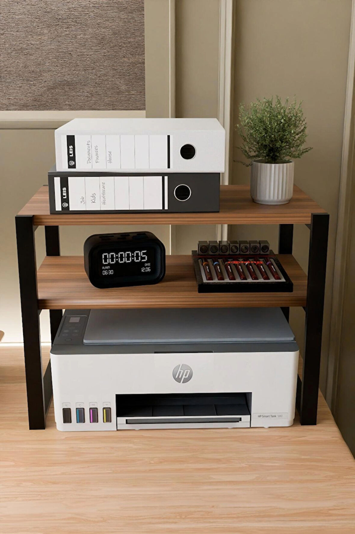 Steel Design 2 Katlı Metal Ayaklı Yazıcı ve Ofis Düzenleyici Raf – Masaüstü Standı, Dosya Klasör Organizeri