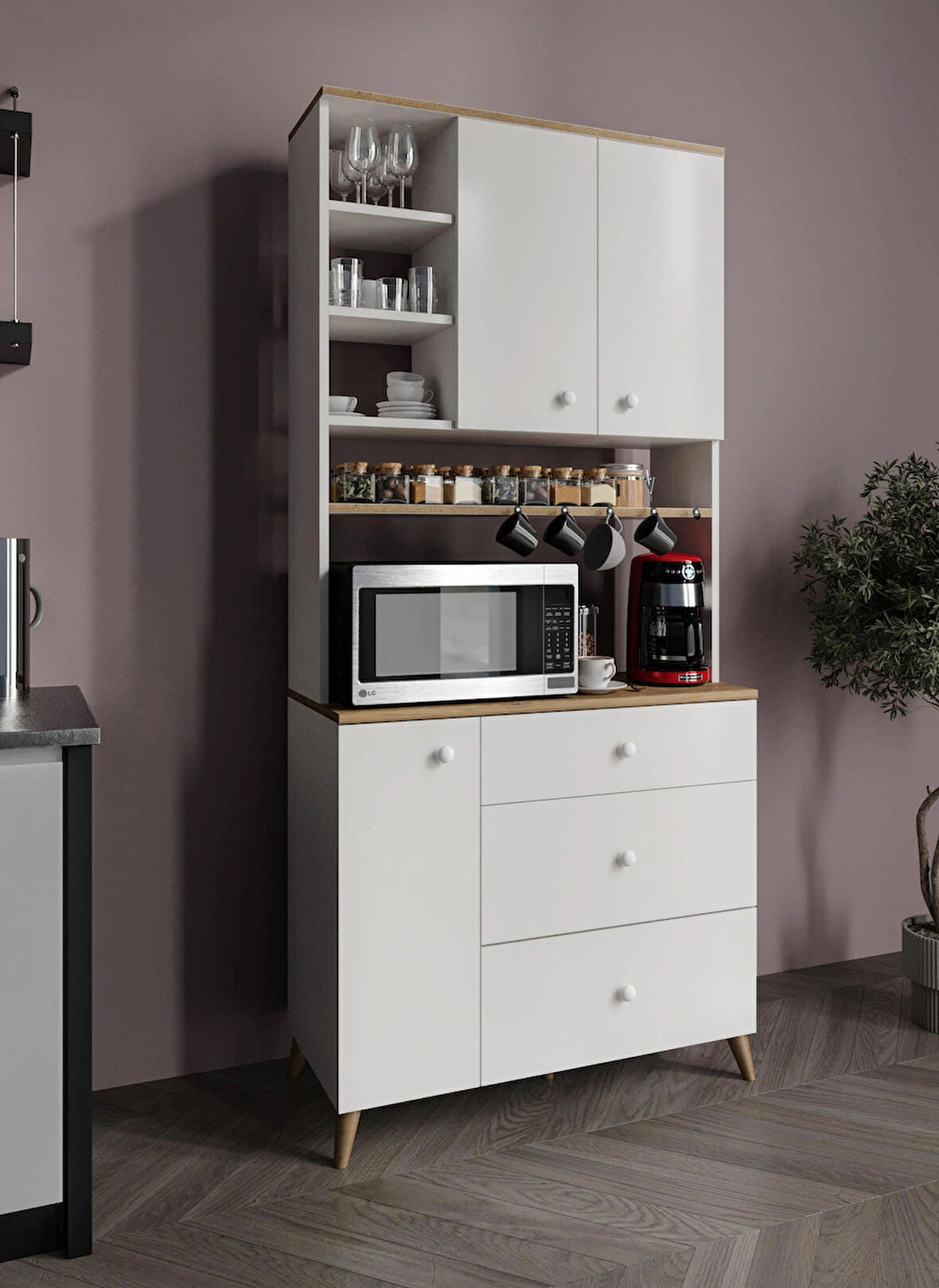 Stella Kahve Köşesi Dolabı Aytaşı Beyaz-Meşe 90cm, Erzak Dolabı, Kiler Dolabı