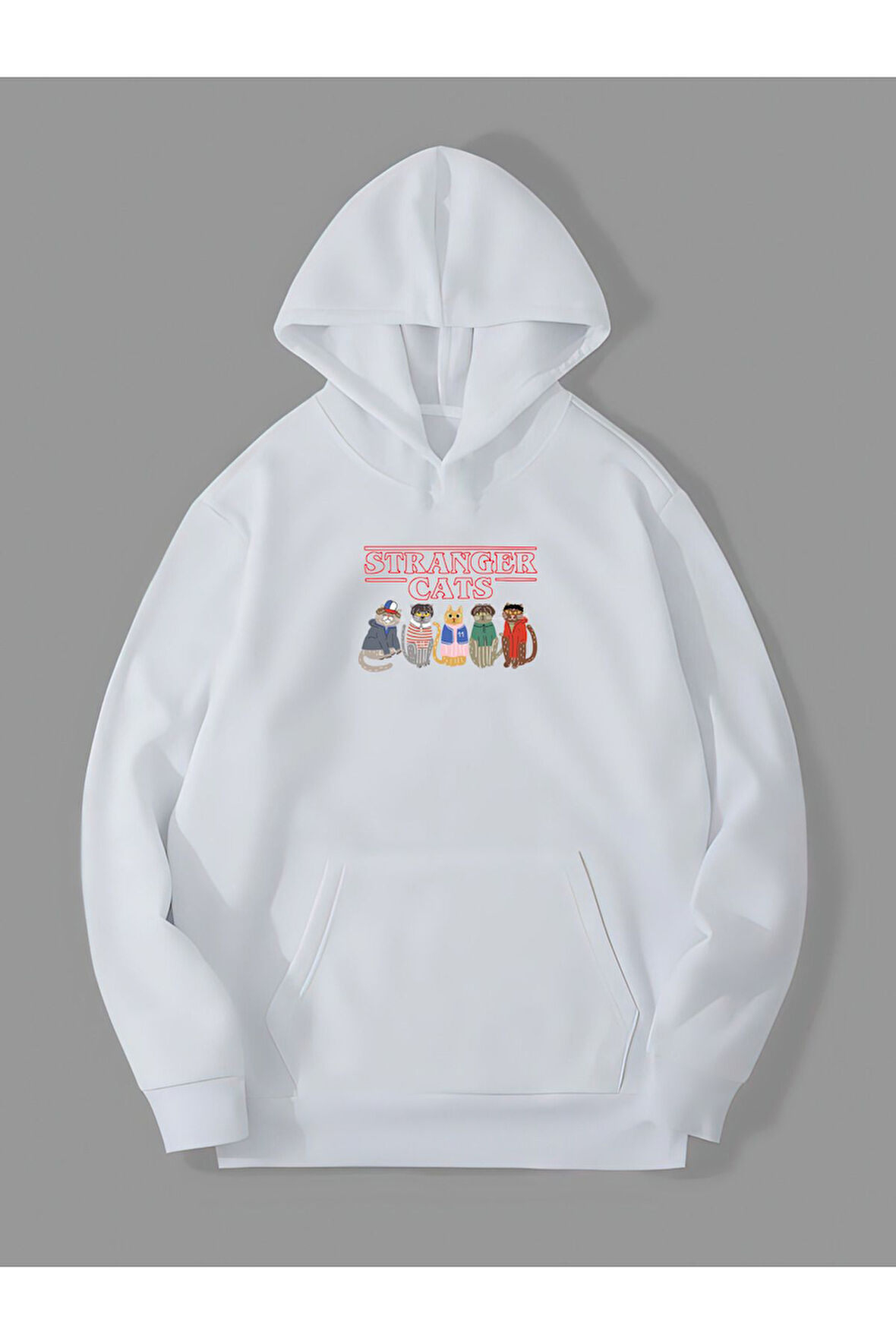 Üç İplik Stranger Cats Baskılı Unisex Beyaz Kanguru Cepli Kapüşonlu Sweatshirt Hoodie | M