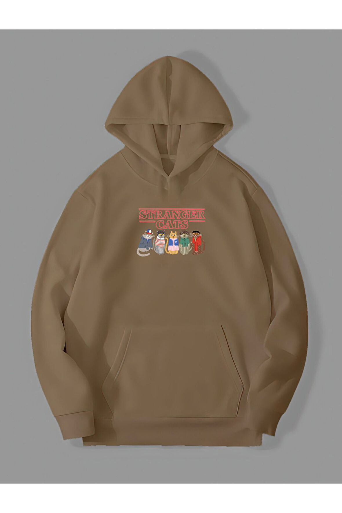 3 İplik Stranger Cats Baskılı Kemik Kanguru Cepli Kapüşonlu Sweatshirt Hoodie | M