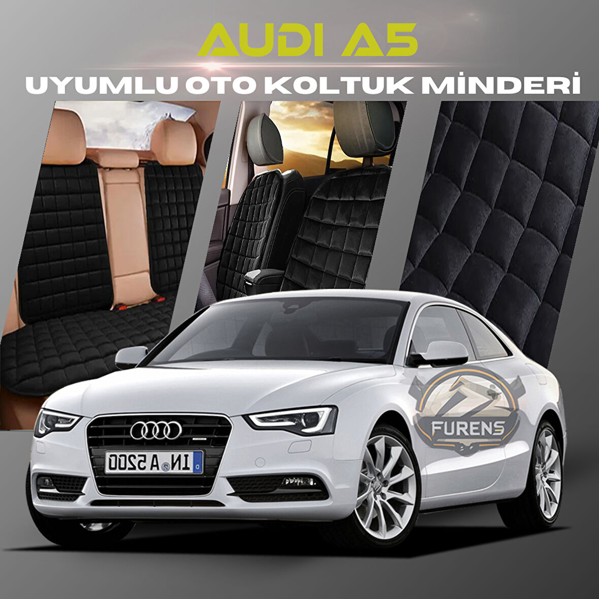 Audi A5 Siyah Renk Tay Tüyü Cepli & Terletmez Sırtlı Oto Koltuk Minder Seti - Koltuk Koruma Kılıfı (ÖN & ARKA TAM SET)