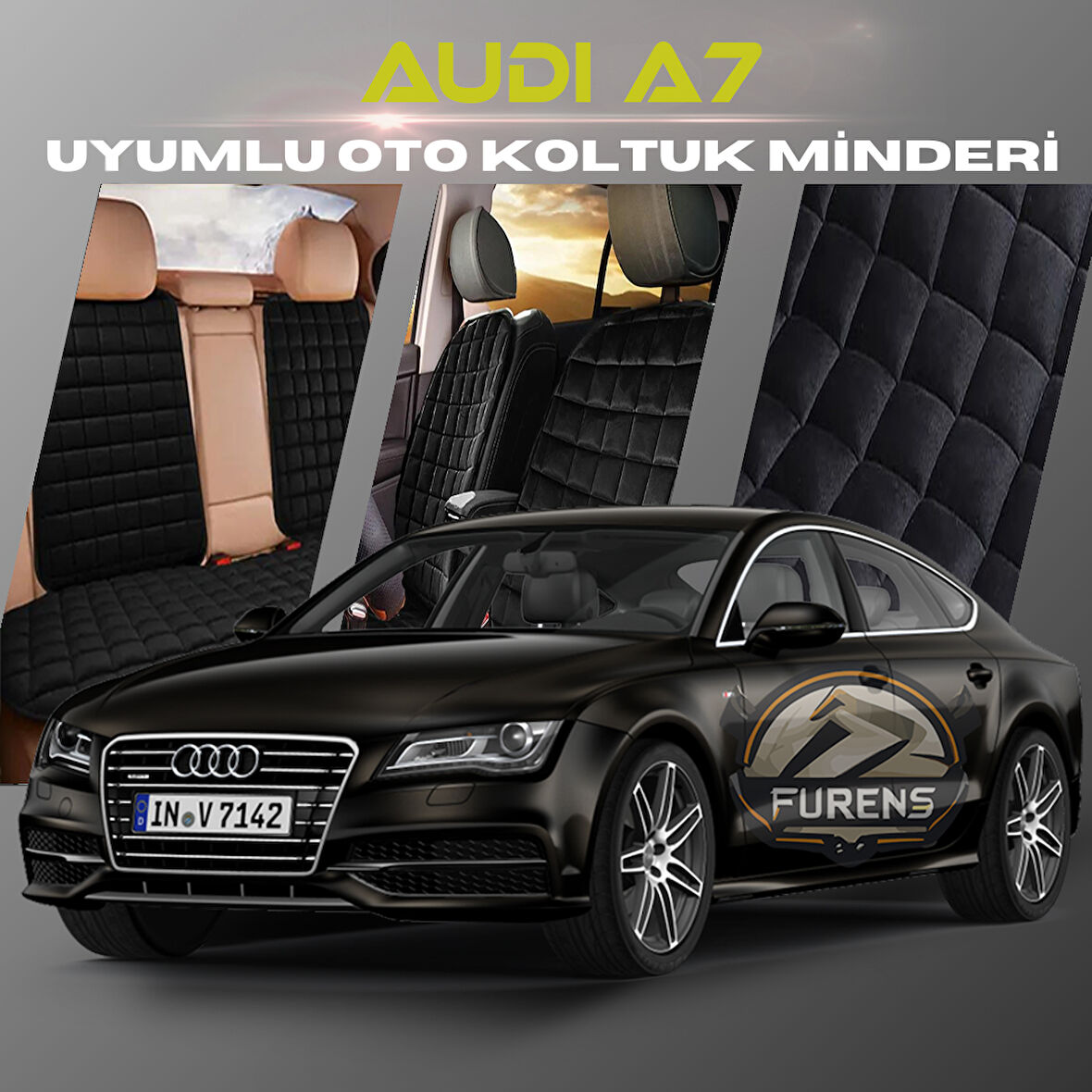 Audi A7 Siyah Renk Tay Tüyü Cepli & Terletmez Sırtlı Oto Koltuk Minder Seti - Koltuk Koruma Kılıfı (ÖN & ARKA TAM SET)