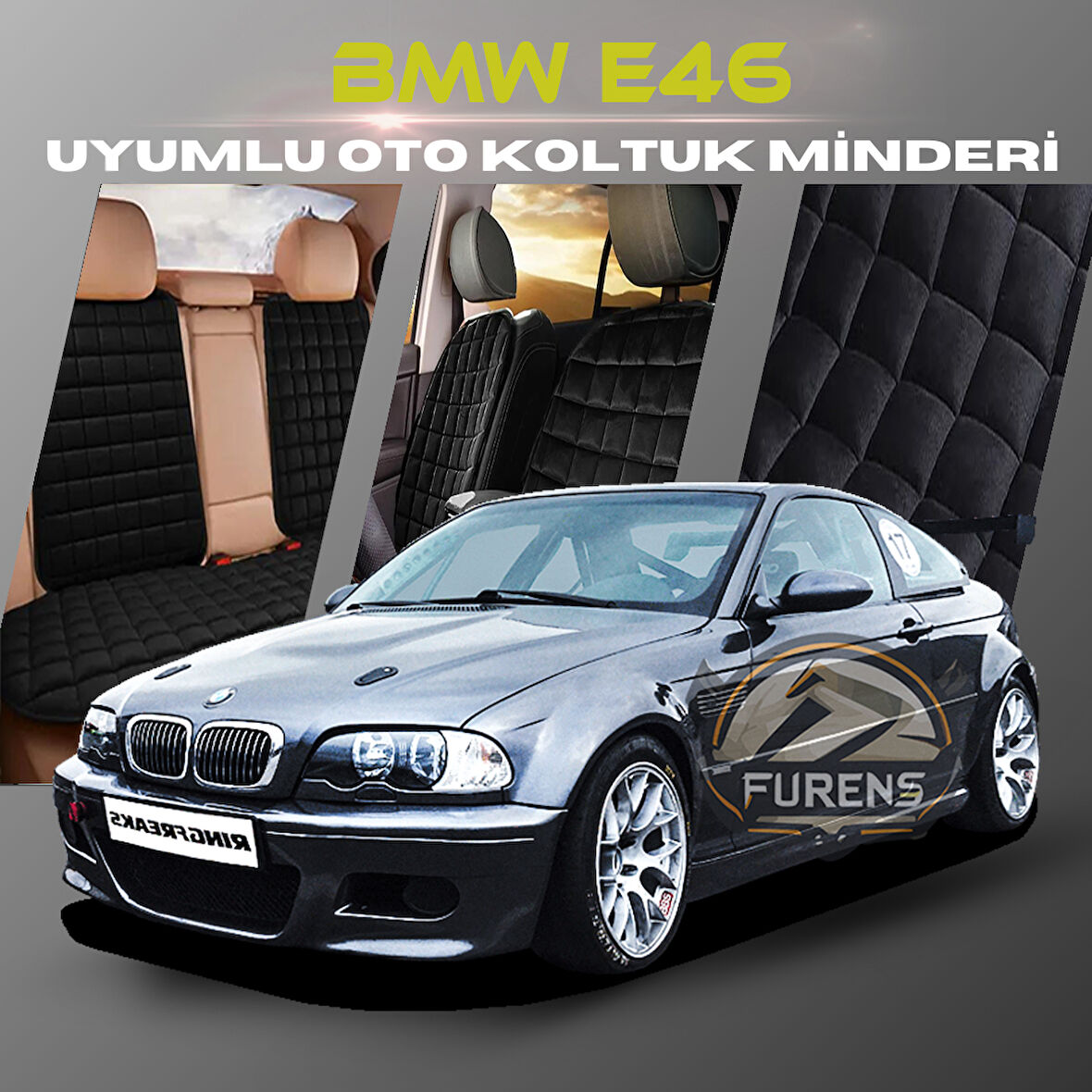 Bmw E46 Siyah Renk Tay Tüyü Cepli & Terletmez Sırtlı Oto Koltuk Minder Seti - Koltuk Koruma Kılıfı (ÖN & ARKA TAM SET)