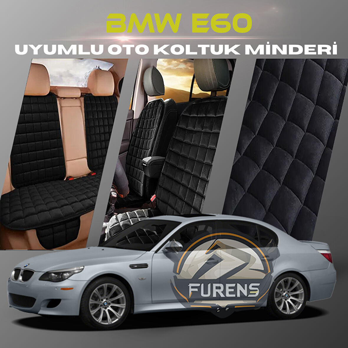 Bmw E60 Siyah Renk Tay Tüyü Cepli & Terletmez Sırtlı Oto Koltuk Minder Seti - Koltuk Koruma Kılıfı (ÖN & ARKA TAM SET)
