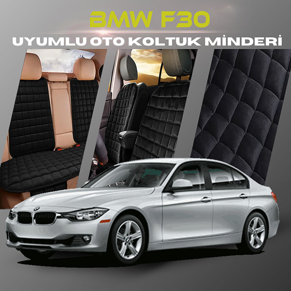 Bmw F30 Siyah Renk Tay Tüyü Cepli & Terletmez Sırtlı Oto Koltuk Minder Seti - Koltuk Koruma Kılıfı (ÖN & ARKA TAM SET)