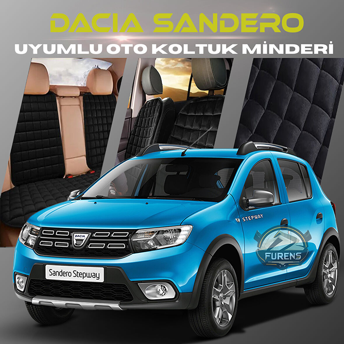 Dacia Sandero Siyah Renk Tay Tüyü Cepli & Terletmez Sırtlı Oto Koltuk Minder Seti - Koltuk Koruma Kılıfı (ÖN & ARKA TAM SET)