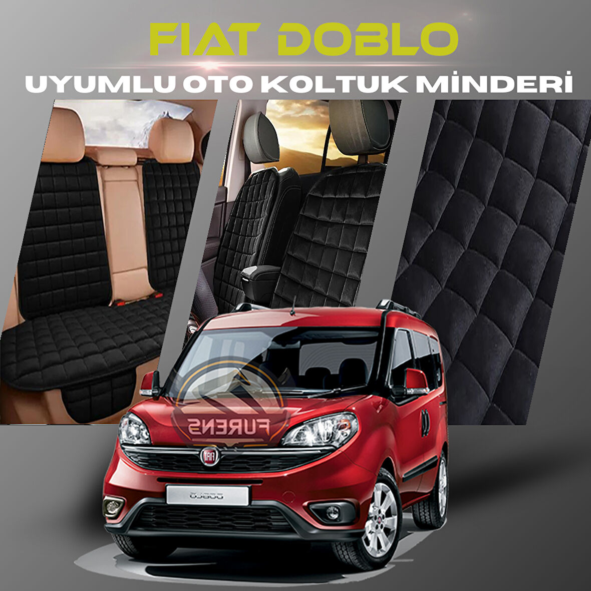 Fiat Doblo Siyah Renk Tay Tüyü Cepli & Terletmez Sırtlı Oto Koltuk Minder Seti - Koltuk Koruma Kılıfı (ÖN & ARKA TAM SET)