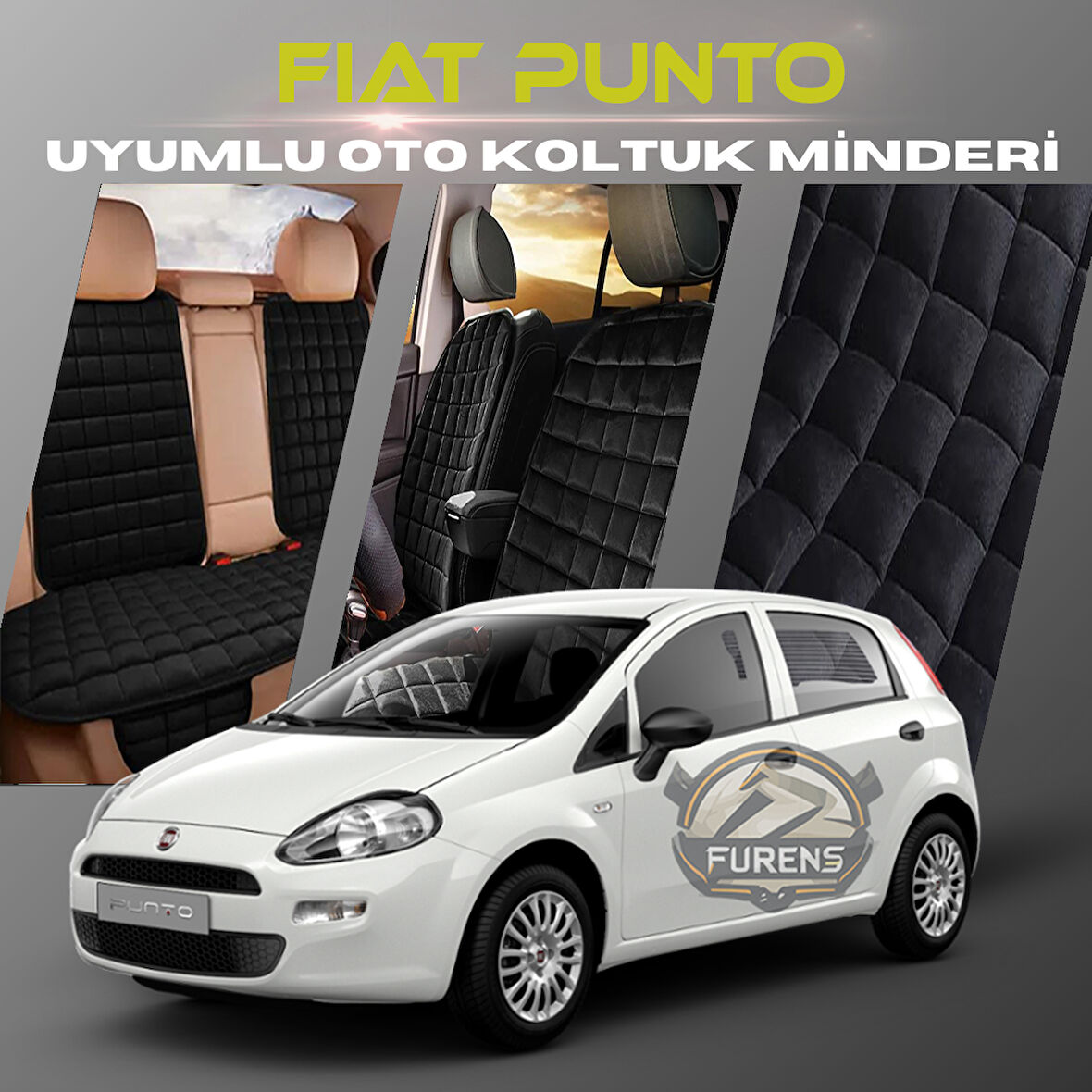 Fiat Punto Siyah Renk Tay Tüyü Cepli & Terletmez Sırtlı Oto Koltuk Minder Seti - Koltuk Koruma Kılıfı (ÖN & ARKA TAM SET)